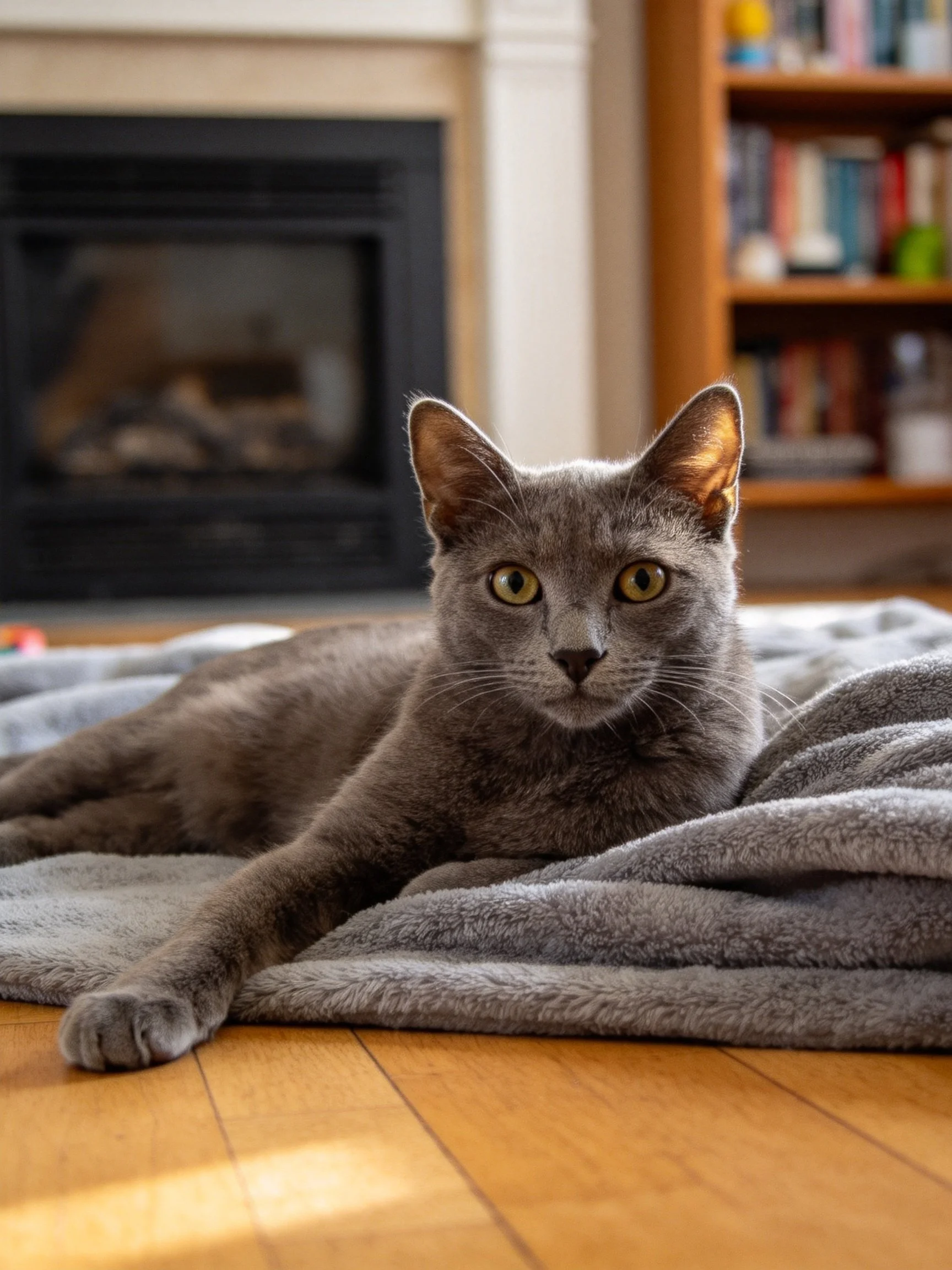 Gray cat lounges on soft blanket by fireplace