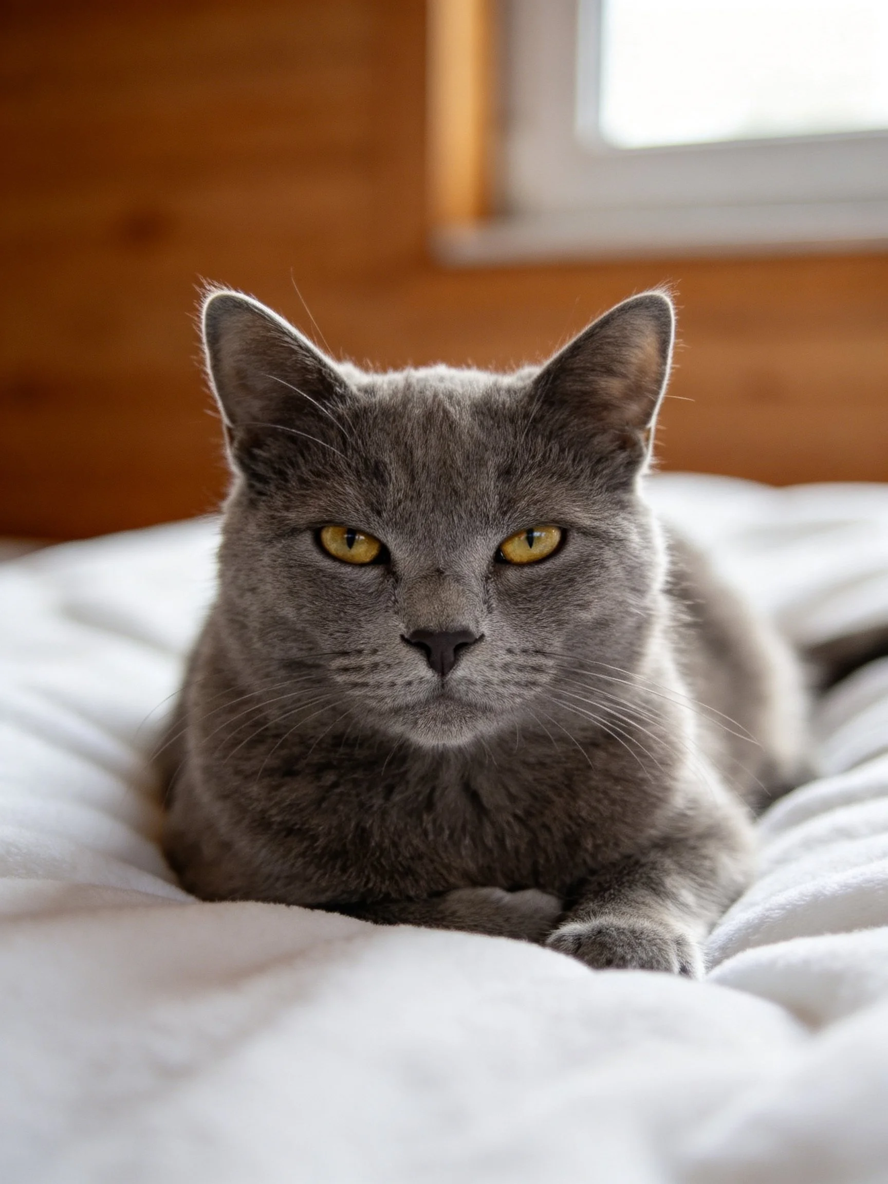 Gray cat lounges on white bedding near wooden walls with a window