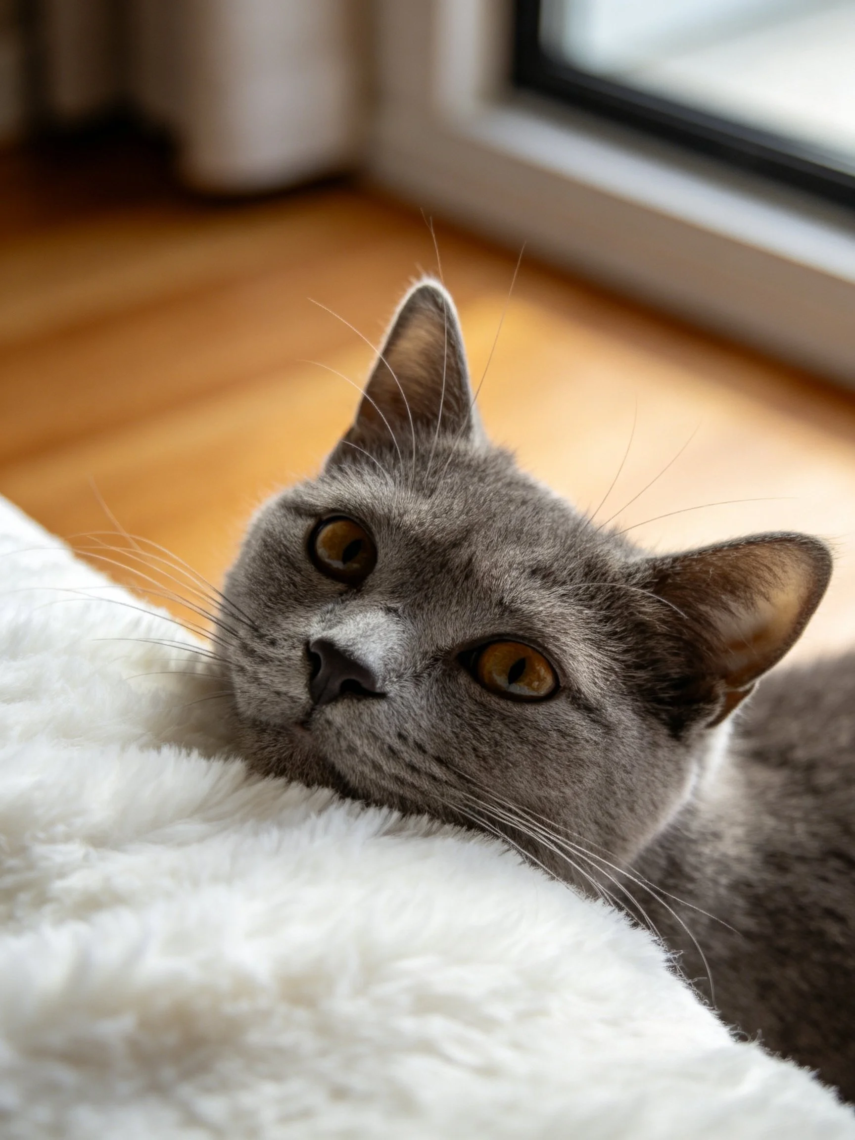 Gray cat lounges on white blanket by wooden floor and window.