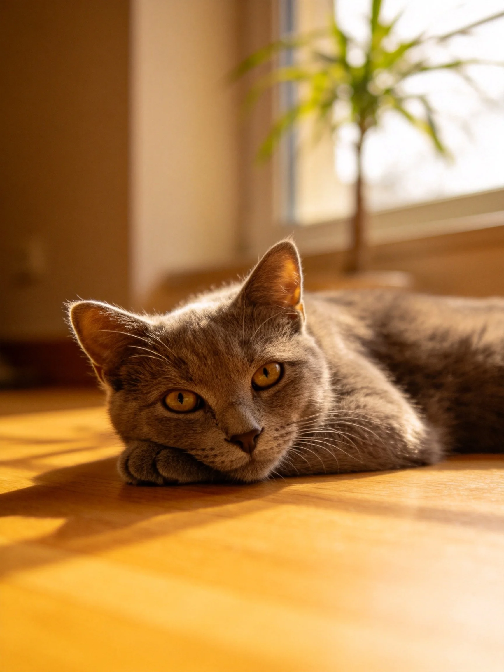 Gray cat lounging on sunlit wooden floor by a window with a plant