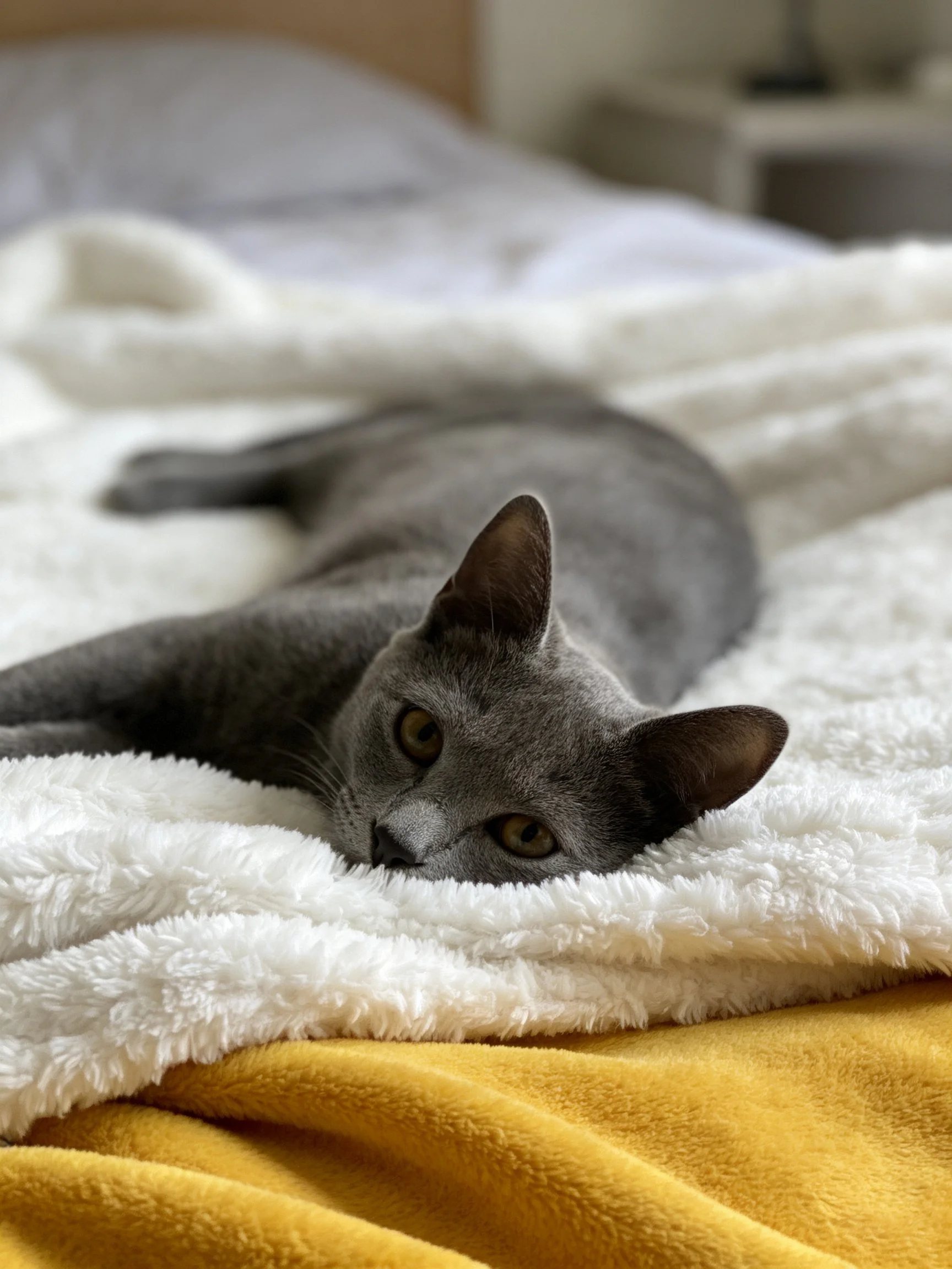 Gray cat lounging on white and mustard-yellow blankets