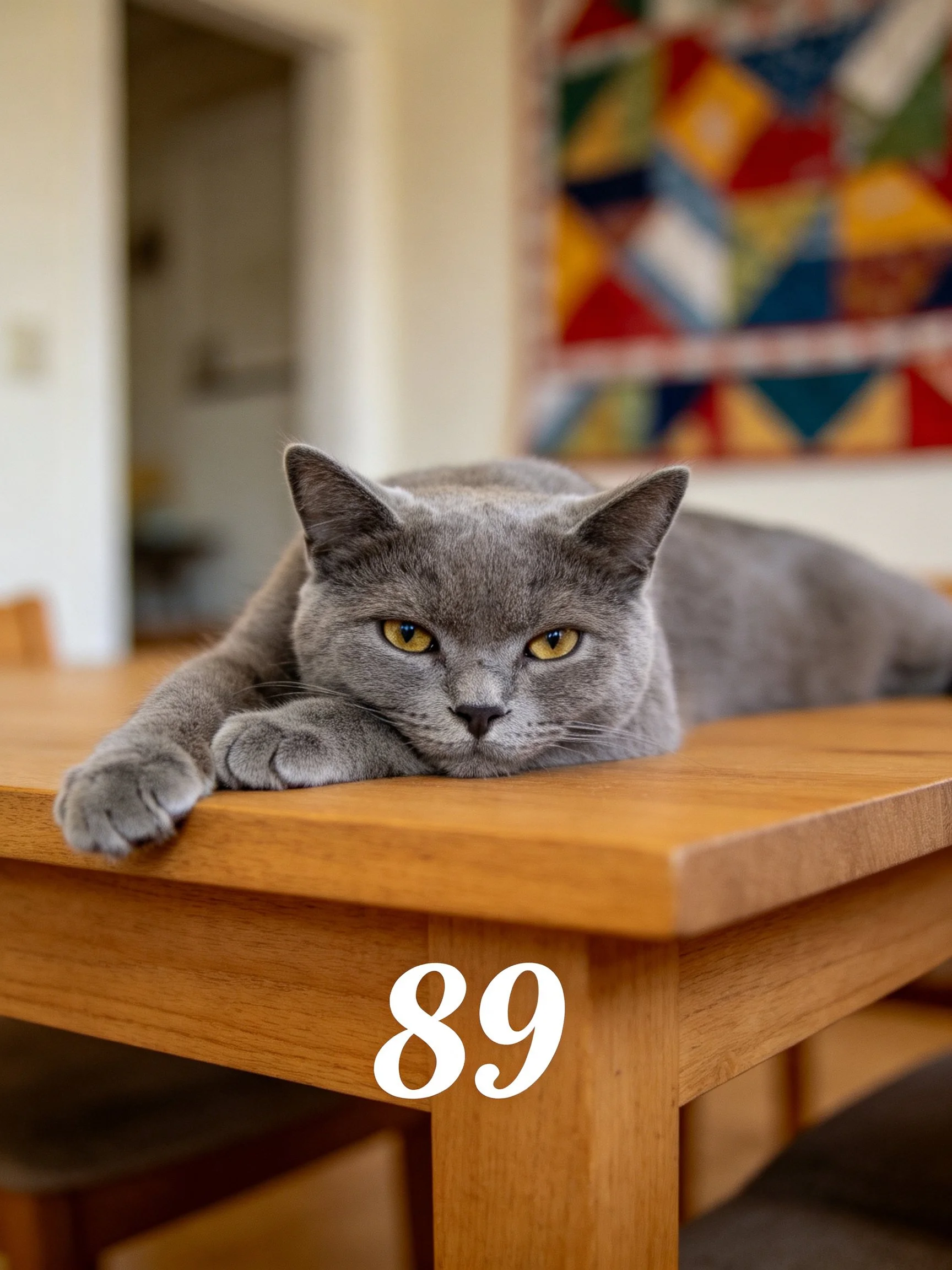 Gray cat lounging on wooden table with vibrant wall art