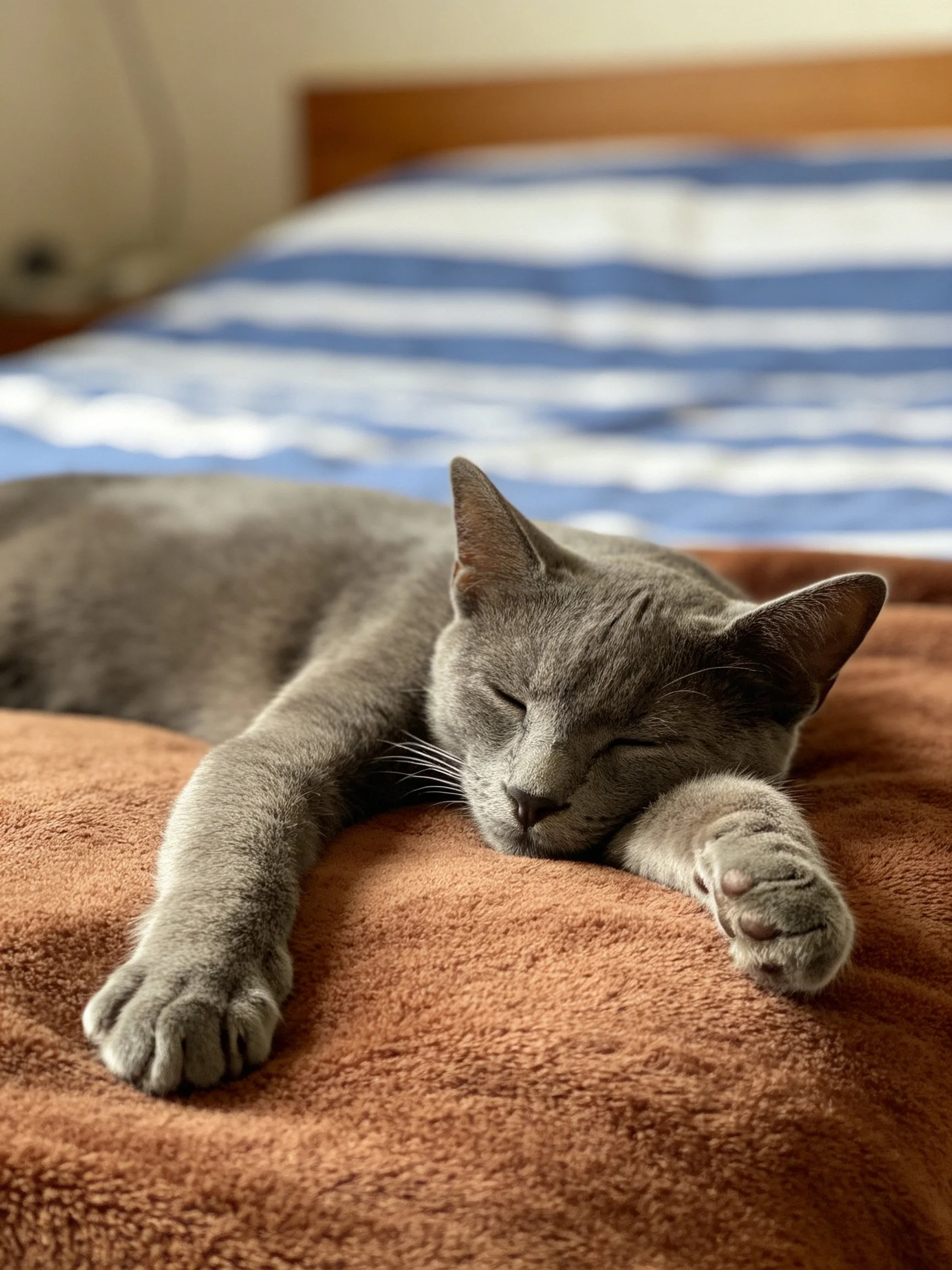Gray cat napping on brown towel beside blue striped bed