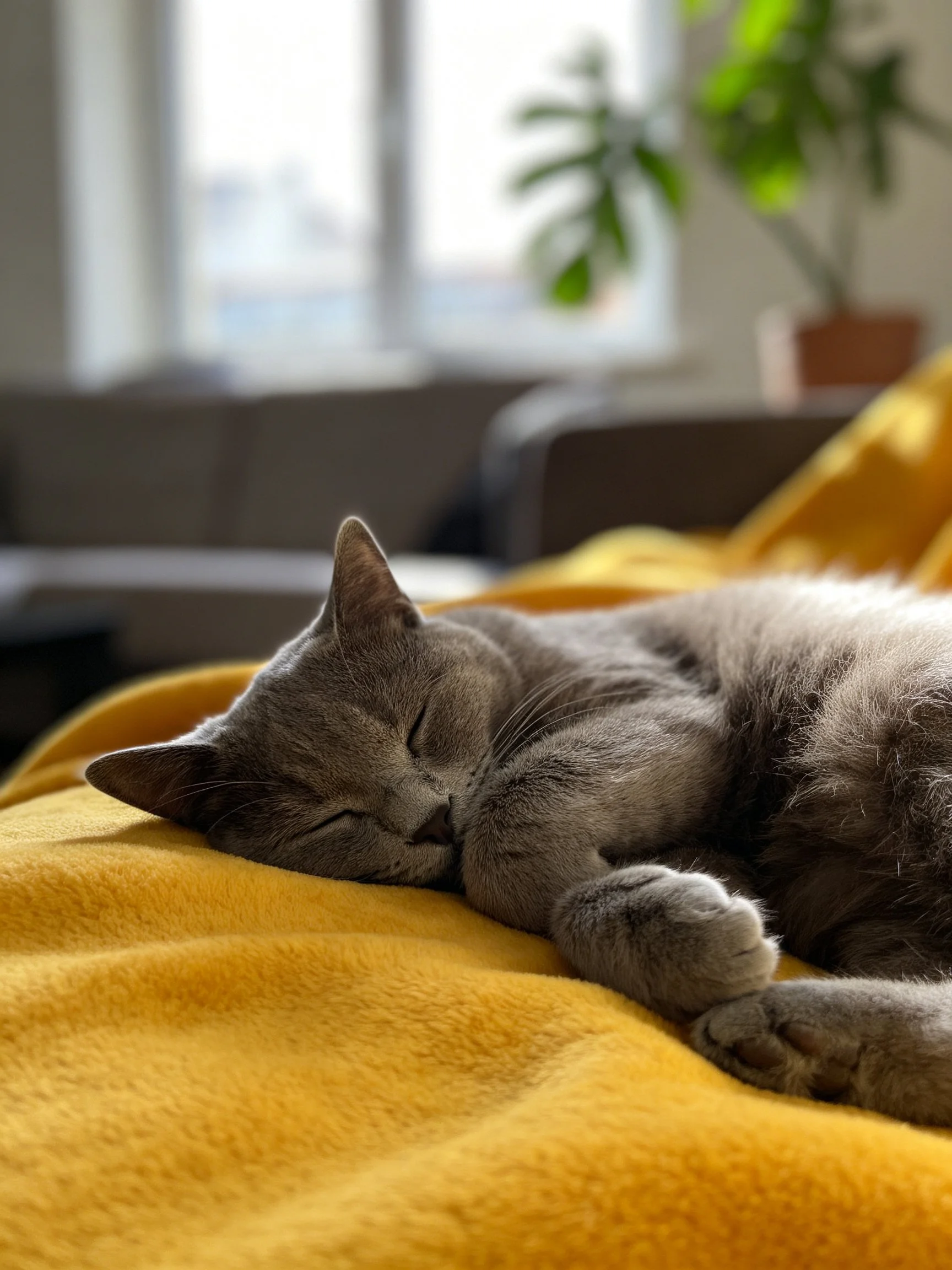 A gray cat rests on a yellow blanket in a comfortable indoor space.