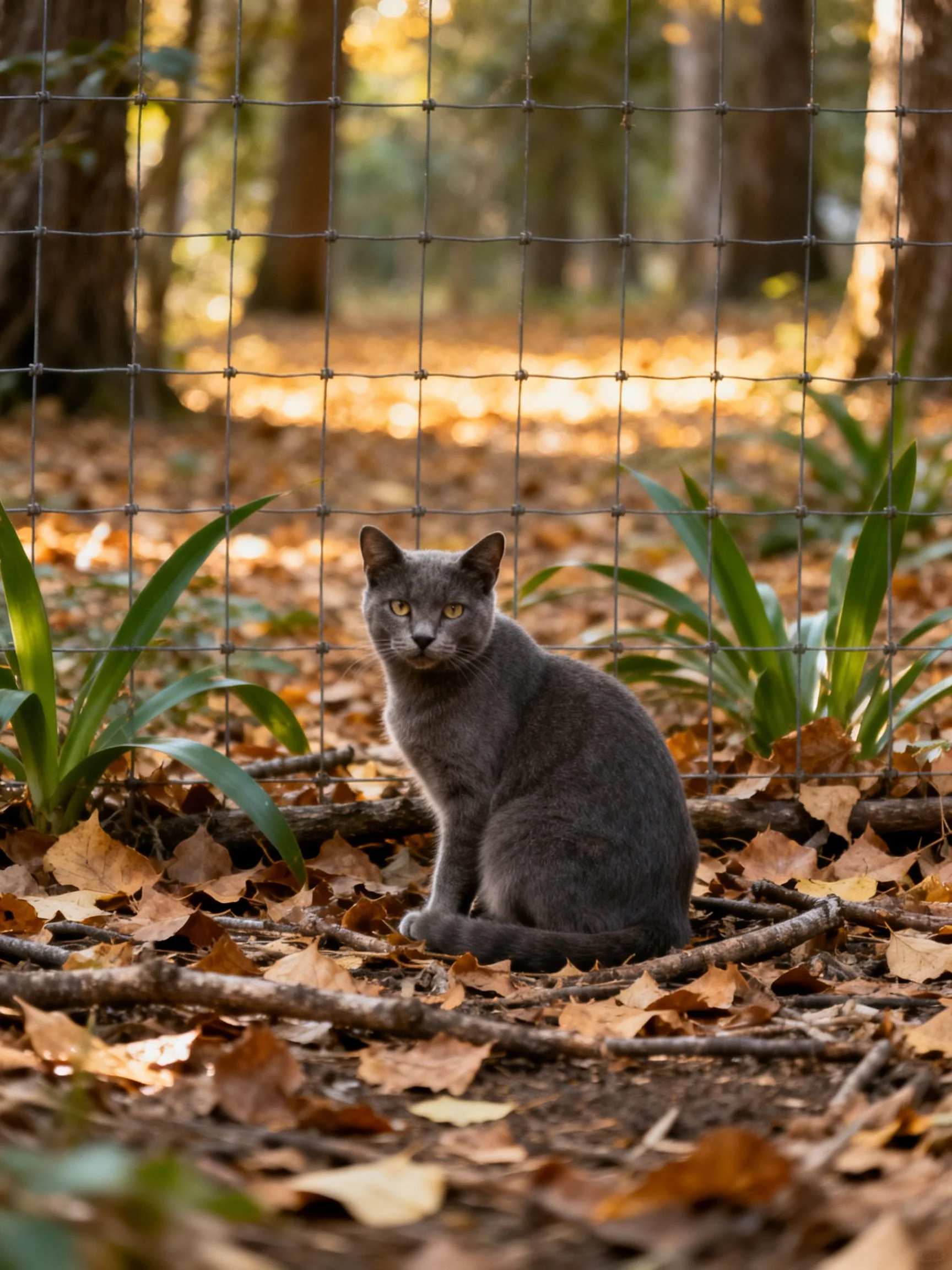Gray cat near wire fence among fallen leaves