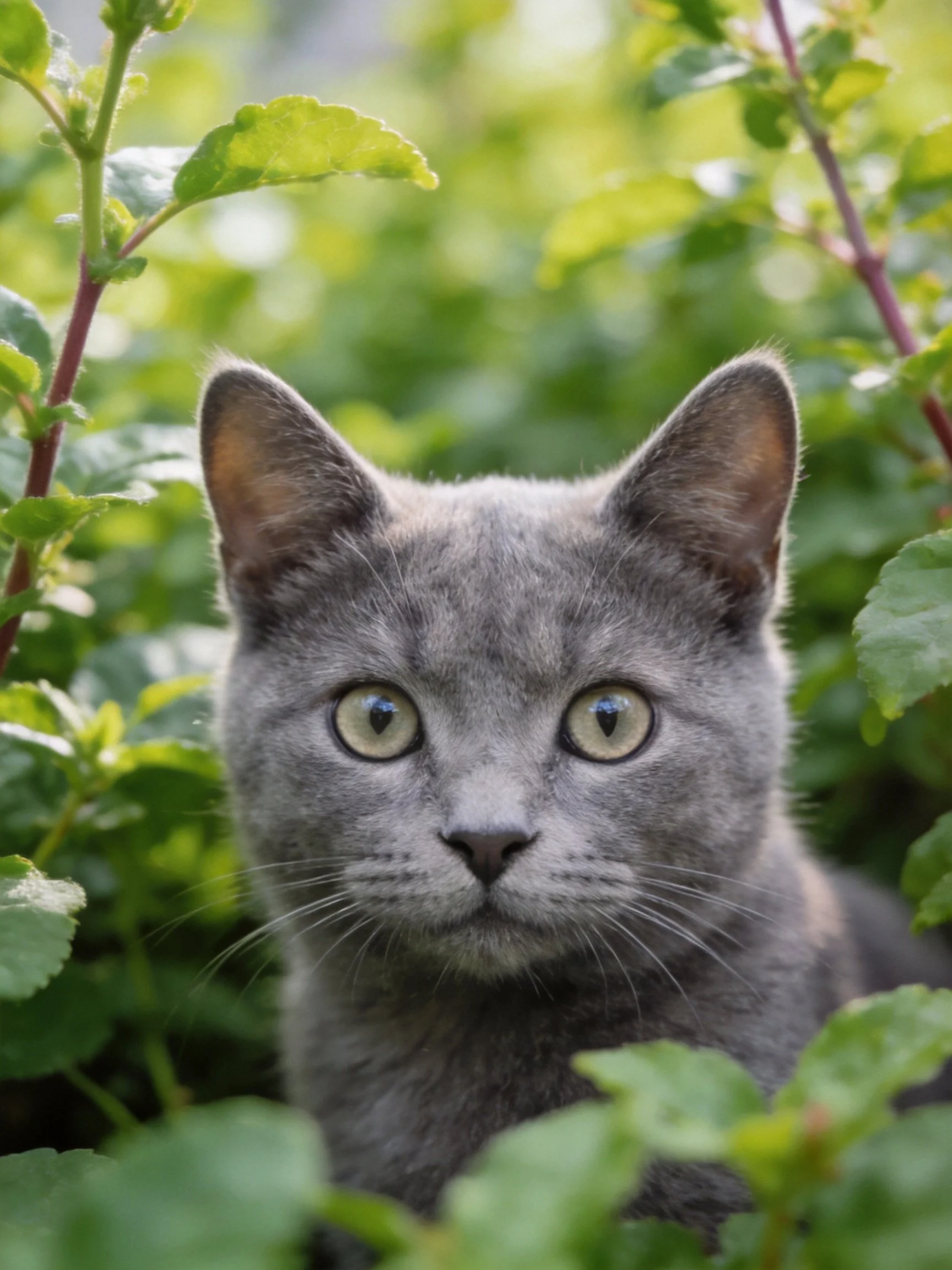 Gray cat nestled among dense green foliage with bright eyes
