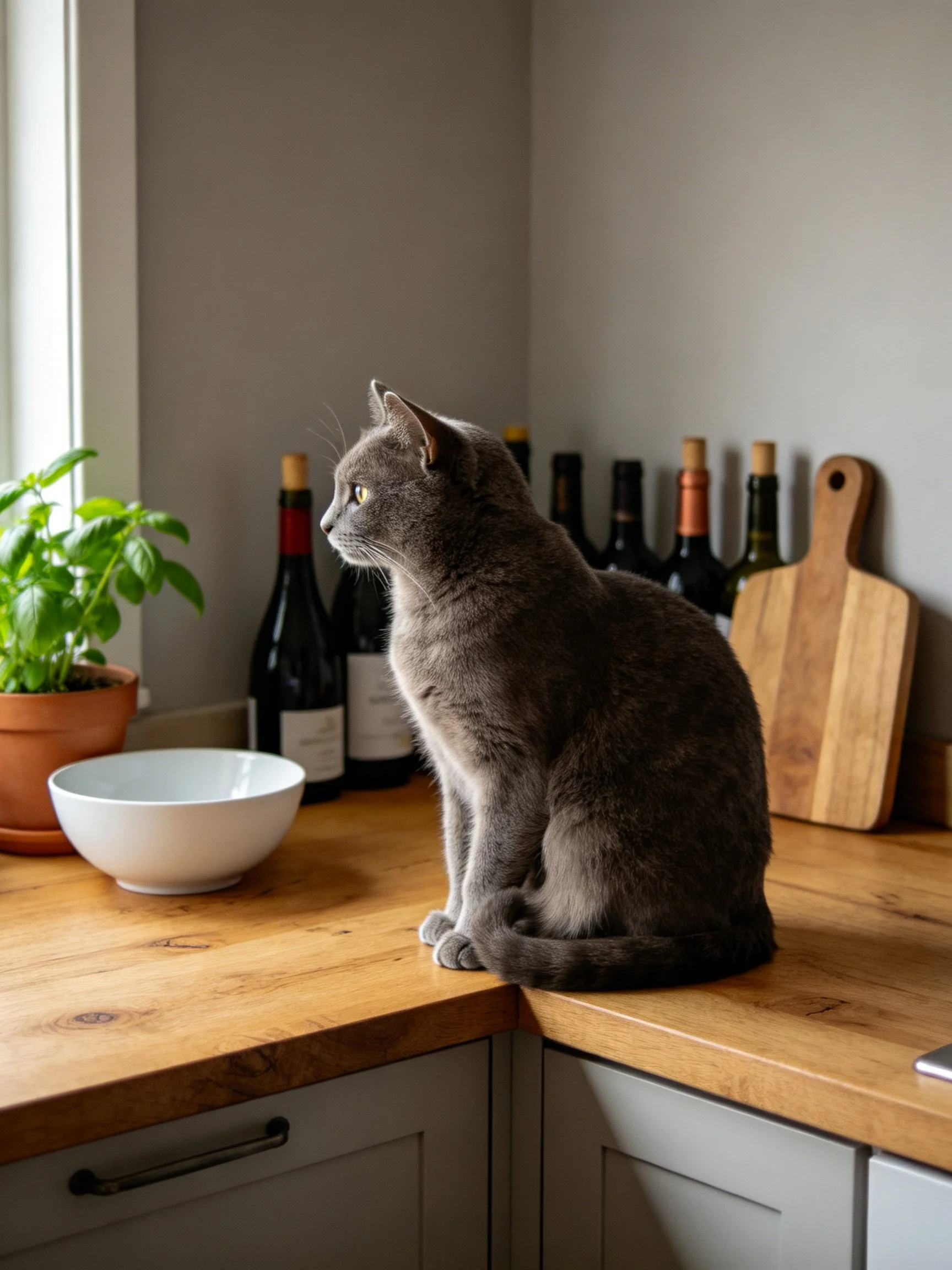 Gray cat sits on wooden kitchen counter near wine bottles