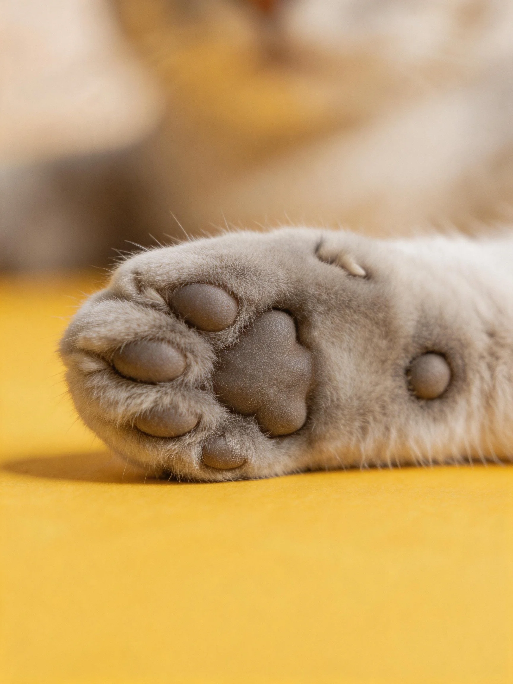 Gray cat paw with brown pads on yellow surface