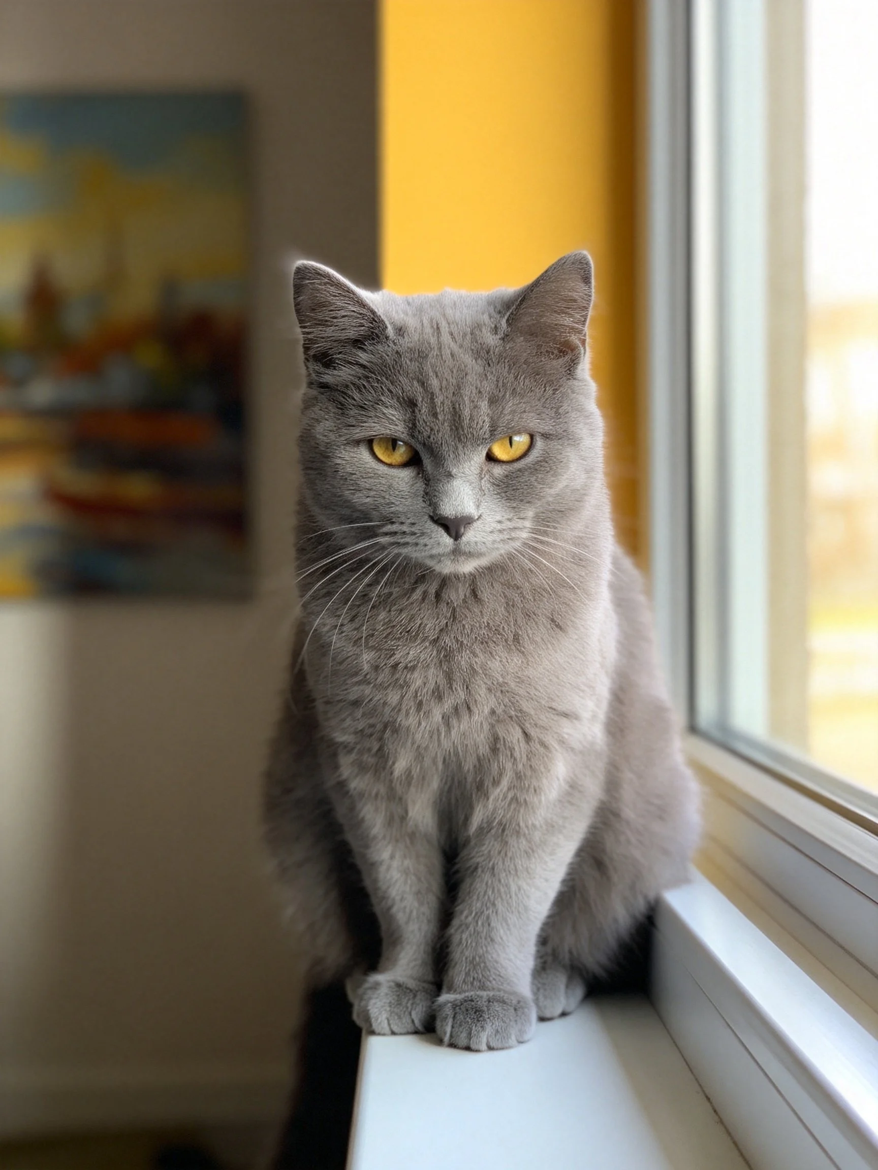 A gray cat sits on a white windowsill near a sunny window