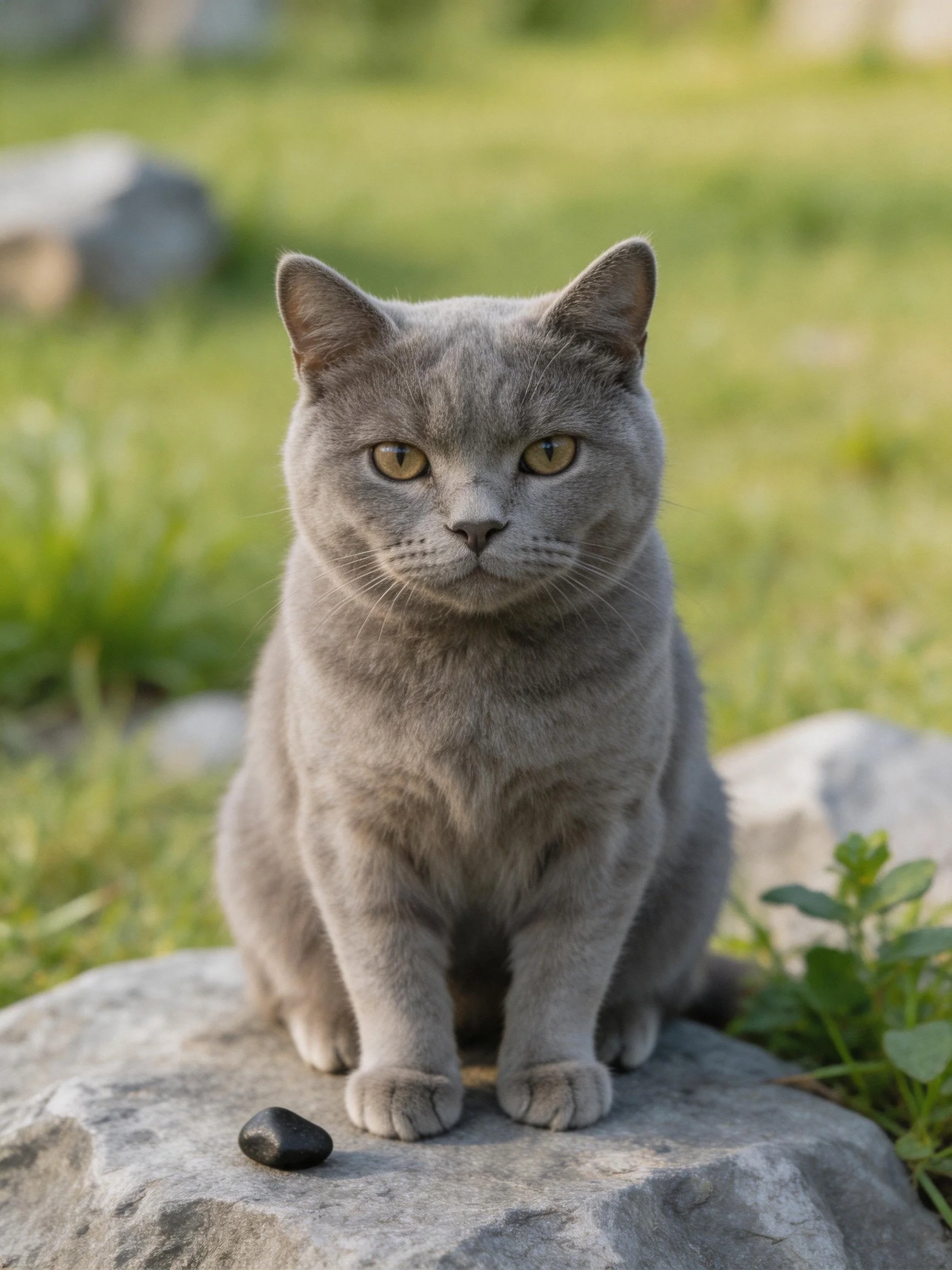 A gray cat sits calmly on a stone in a grassy outdoor area with rocks.