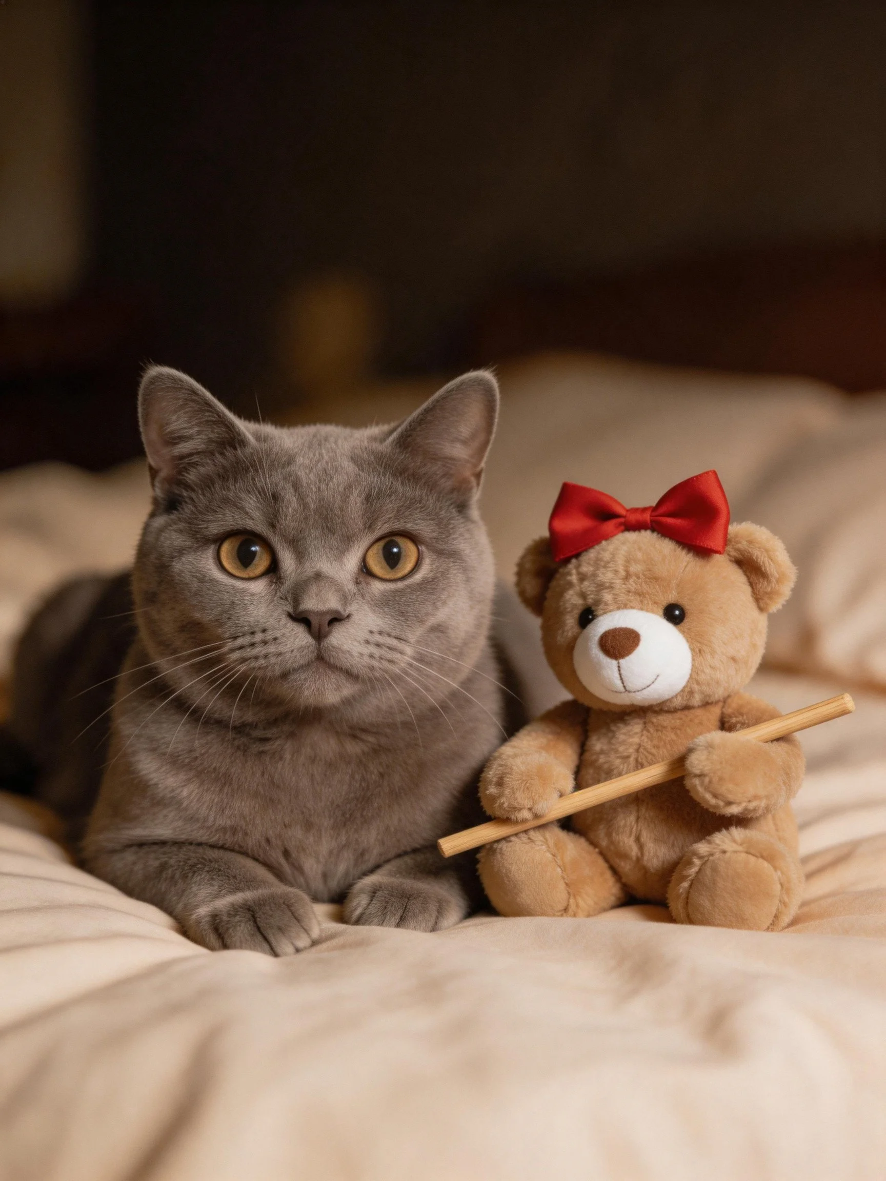 Gray cat resting next to brown teddy bear with red bow on bedding