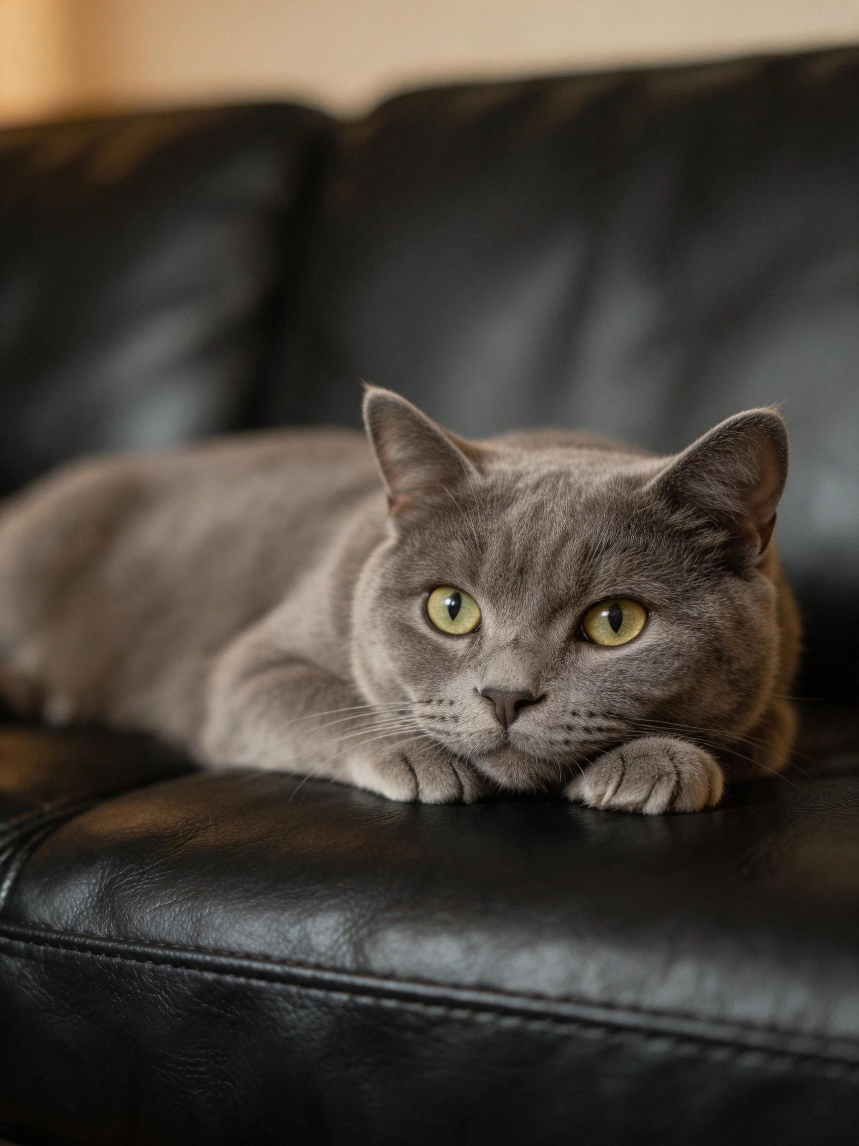 A gray cat relaxes on a black leather couch.