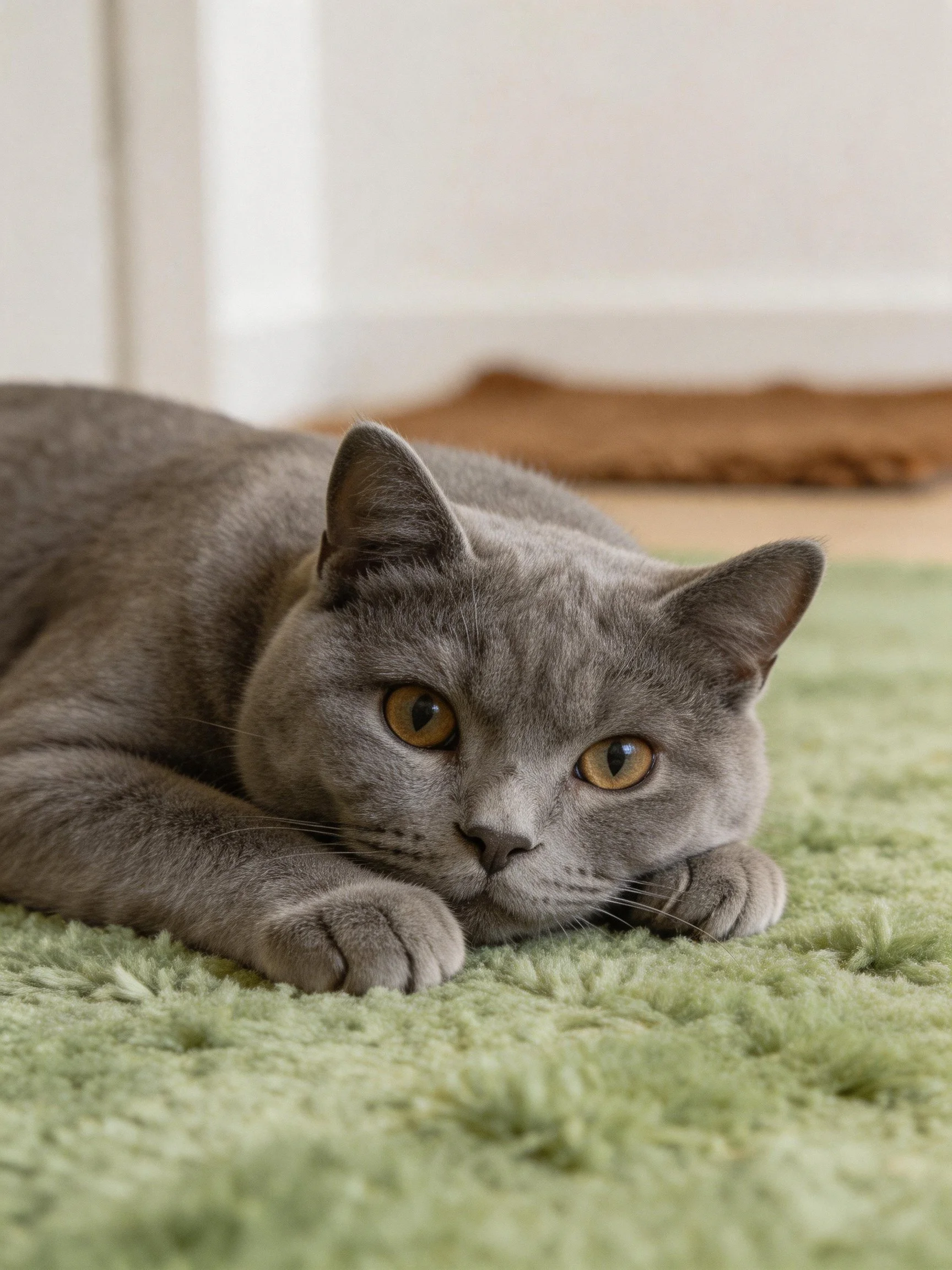 Gray cat resting on a plush green carpet indoors