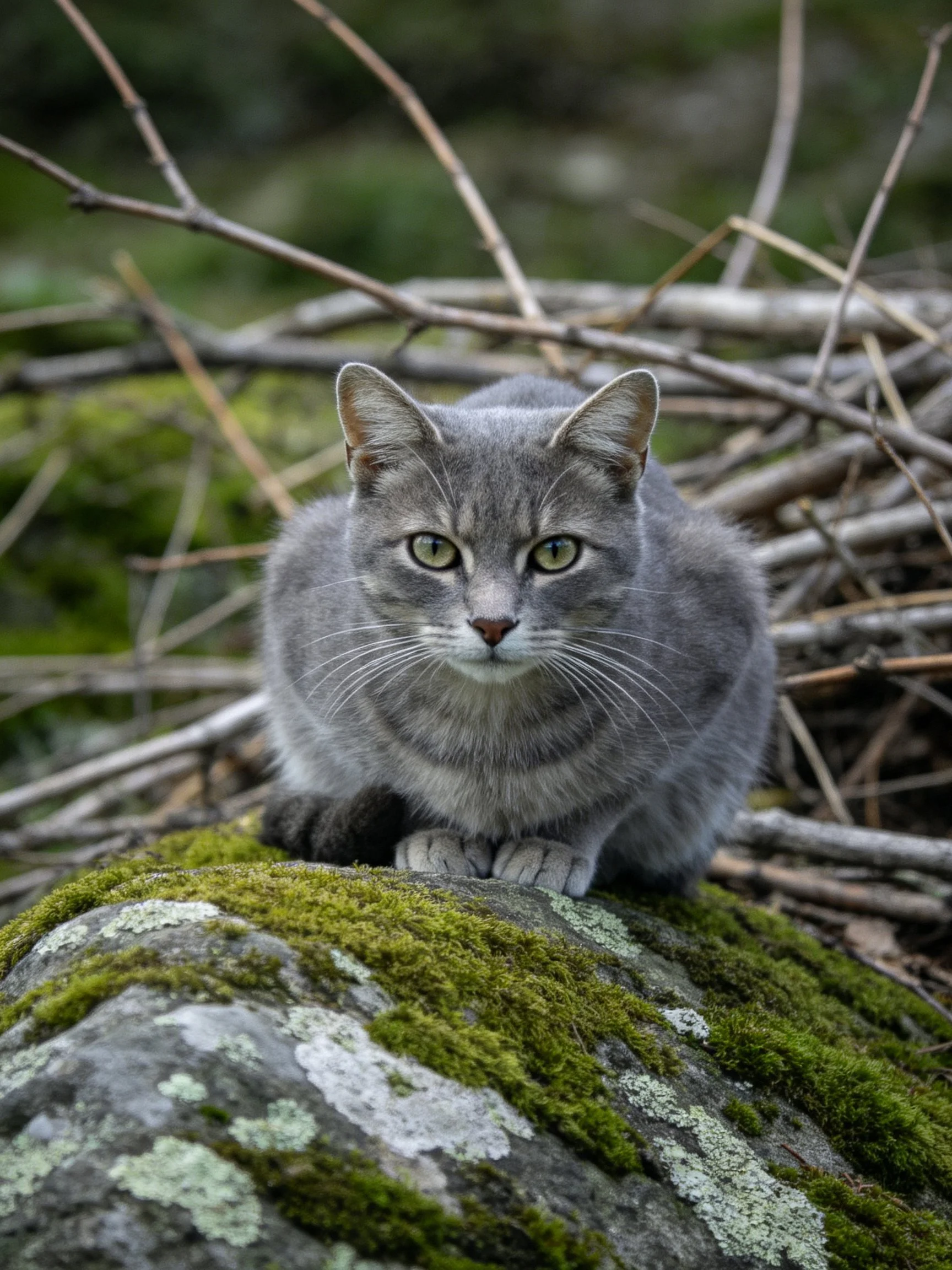 Gray cat resting on mossy lichen-covered rock amid tangled branches