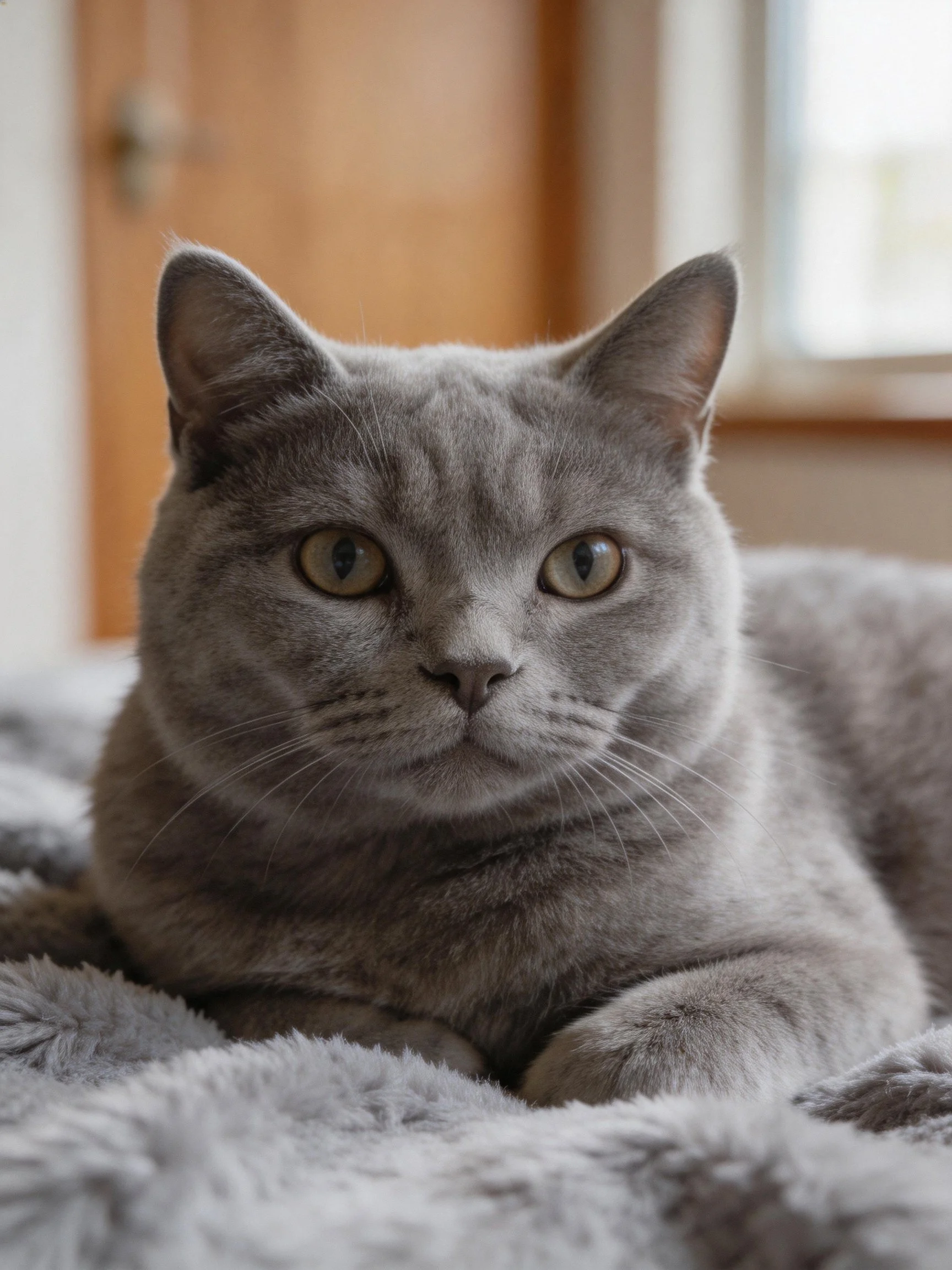 Gray cat resting on plush blanket near wooden door