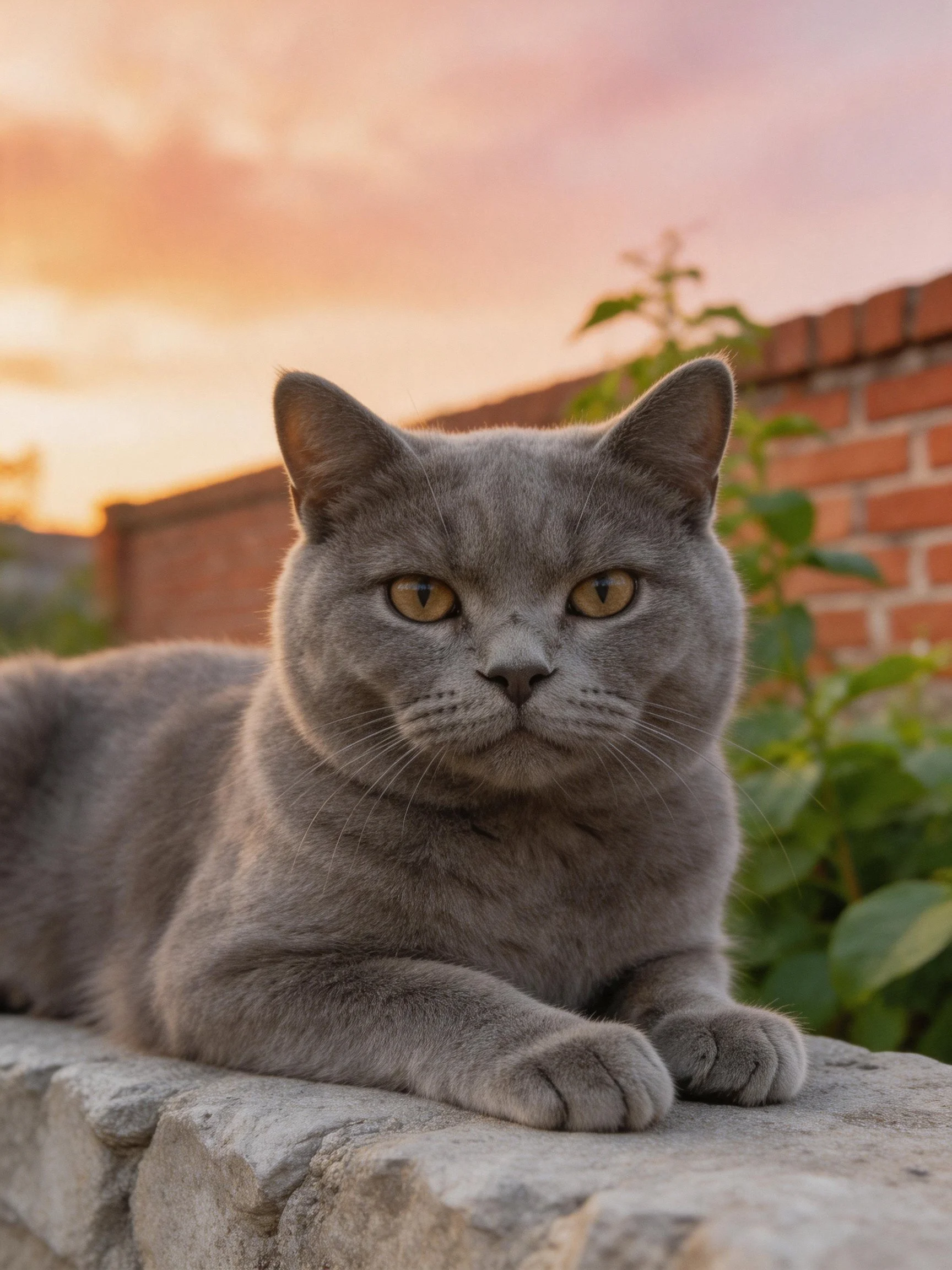 A gray cat relaxes on a stone ledge beside a brick wall under a sunset sky.