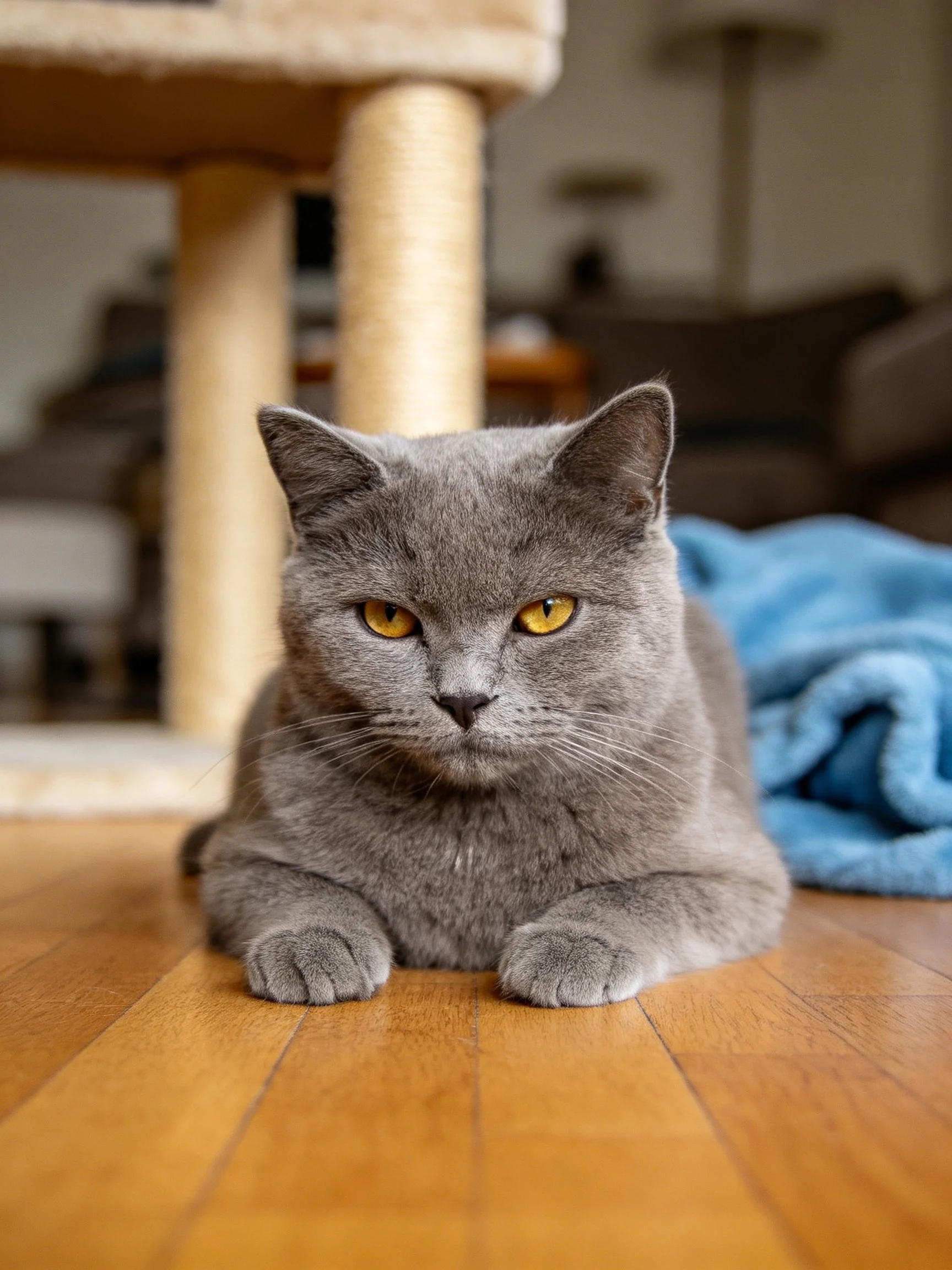 A gray cat lies calmly on a wooden floor next to a blue blanket.