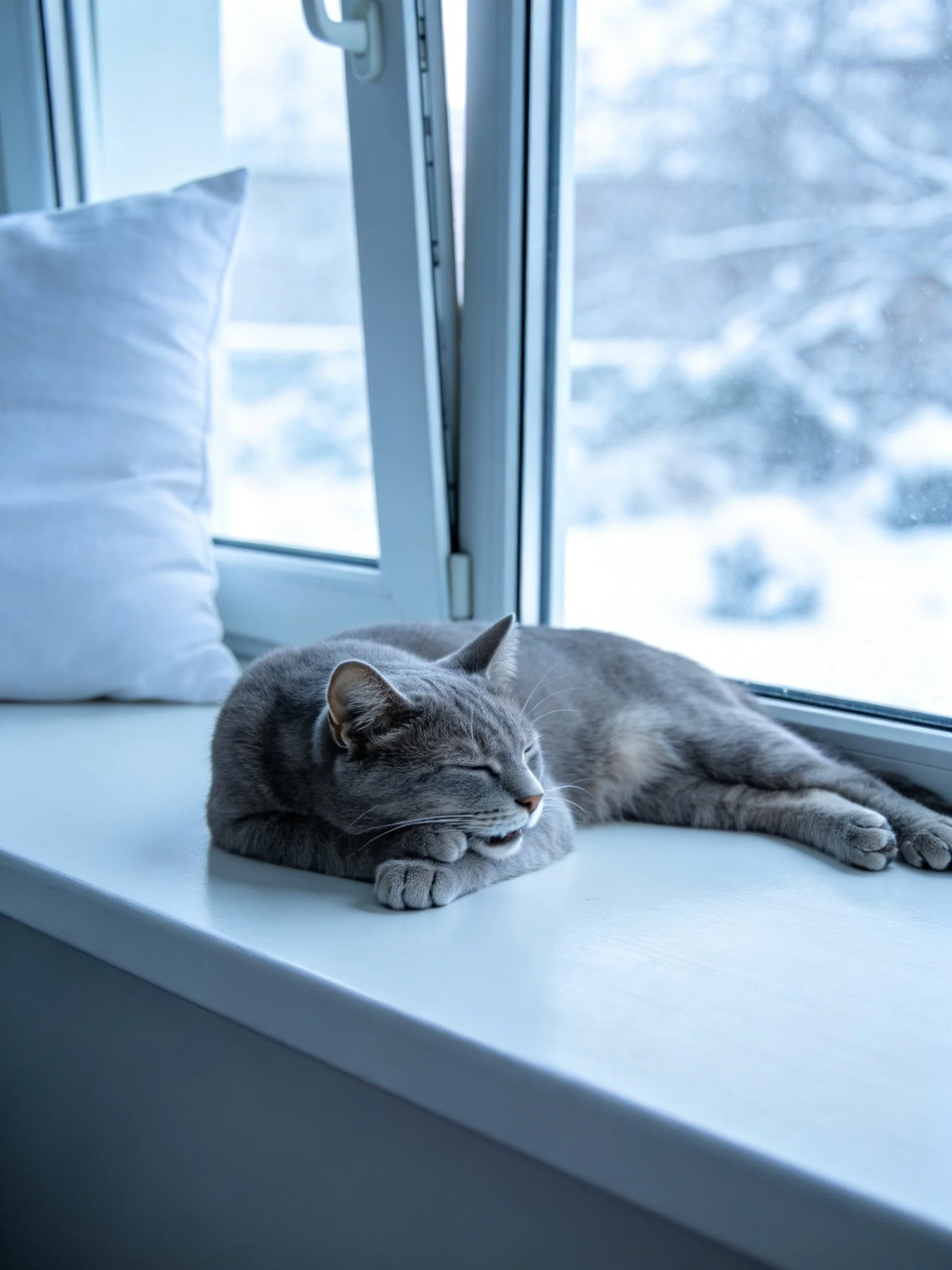 A gray cat relaxes on a windowsill with a snowy outdoor view.