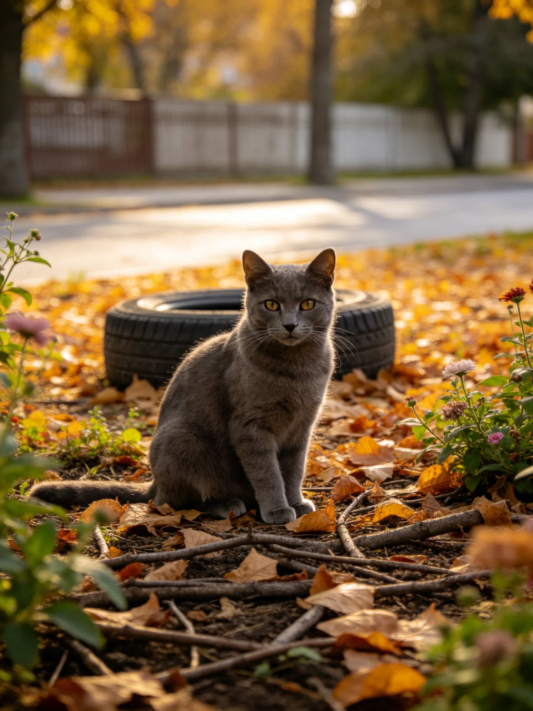 Gray cat sits among autumn leaves near a tire