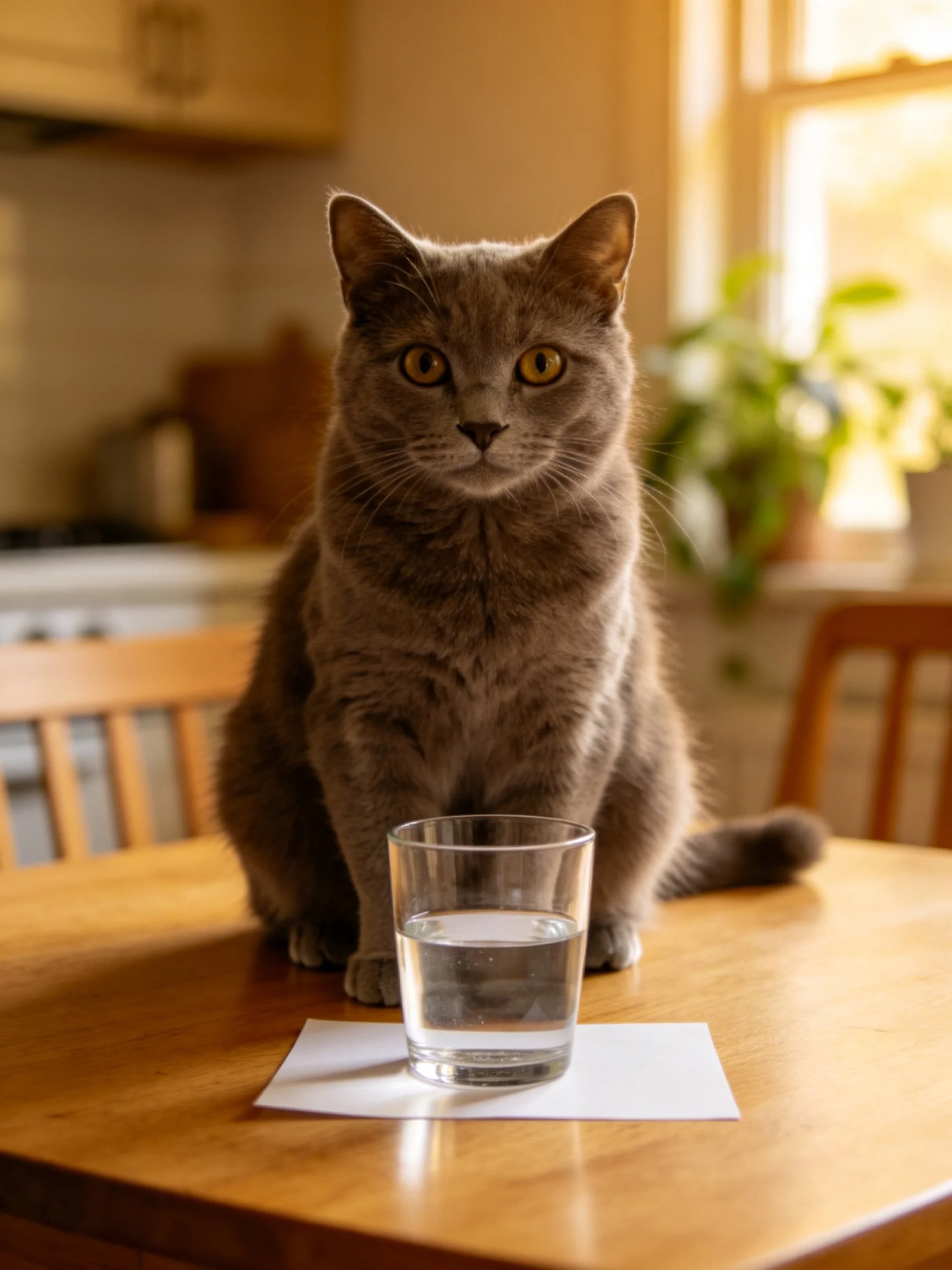 Gray cat sits beside glass of water on wooden table