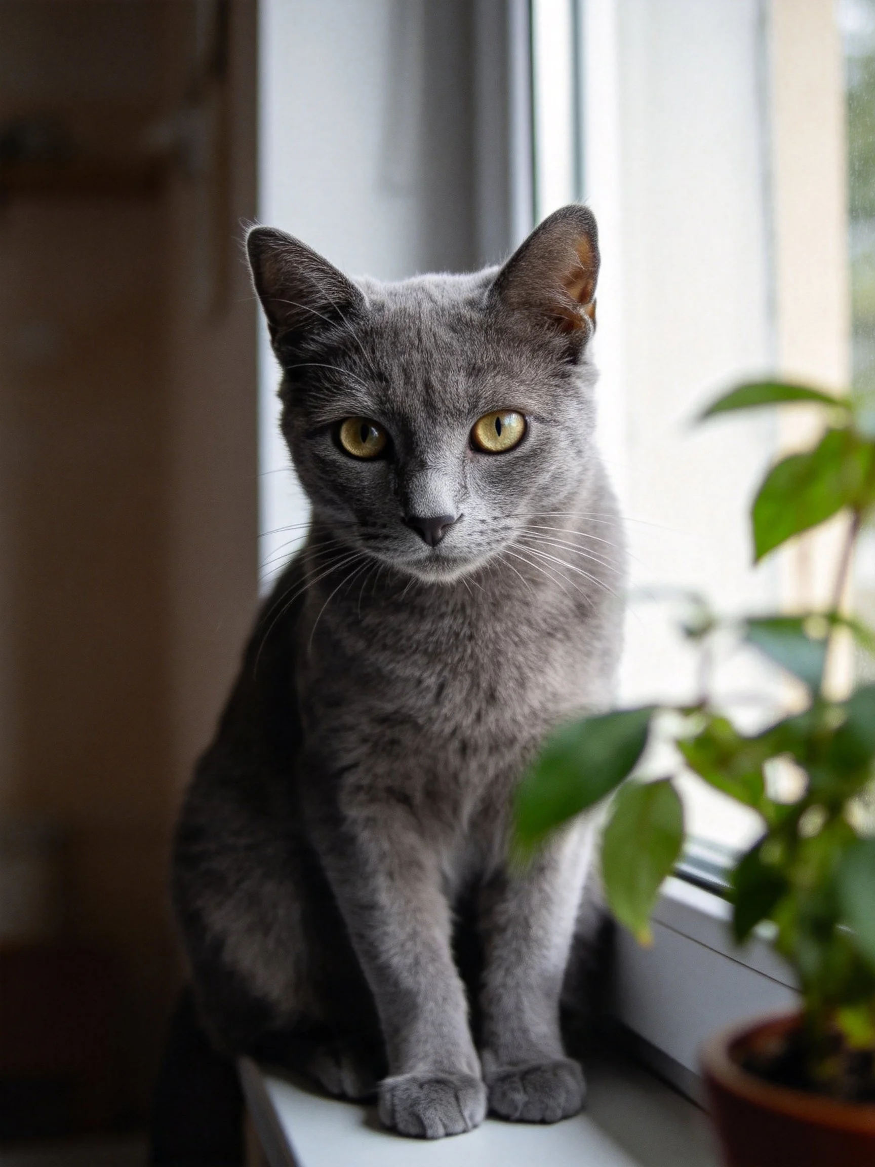 Gray cat sits by bright window with potted plant
