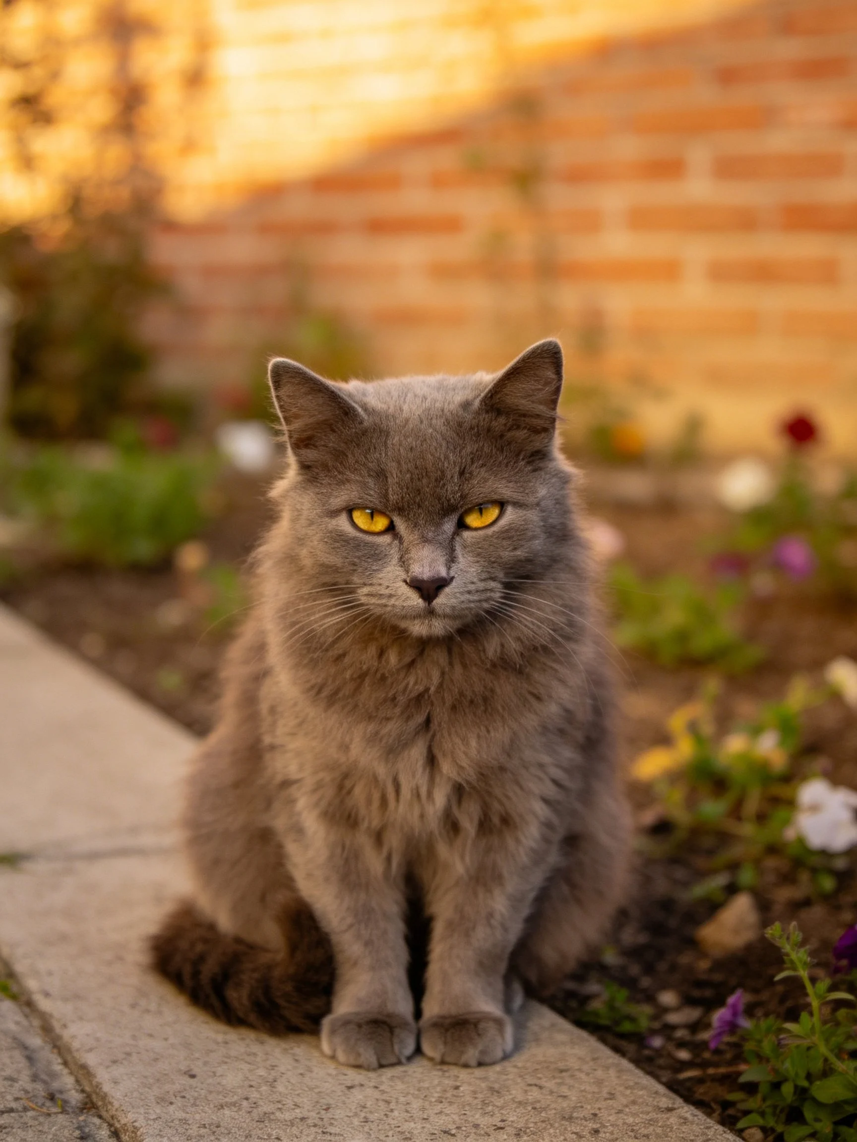 A gray cat sits calmly near a brick wall with flowers during golden hour.