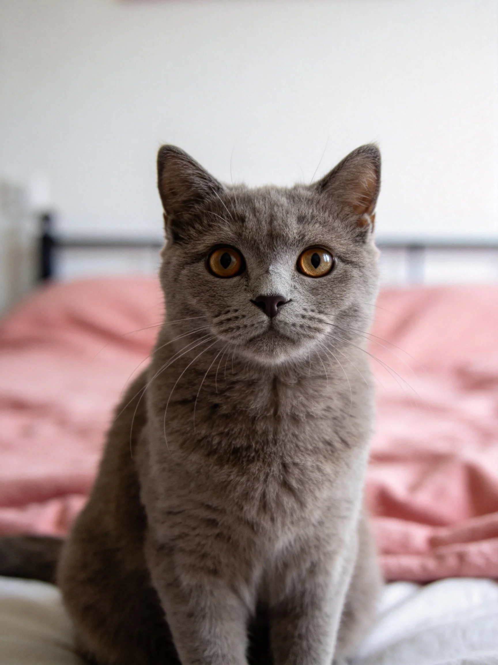 A gray cat sits calmly on pink bedding in a bedroom.