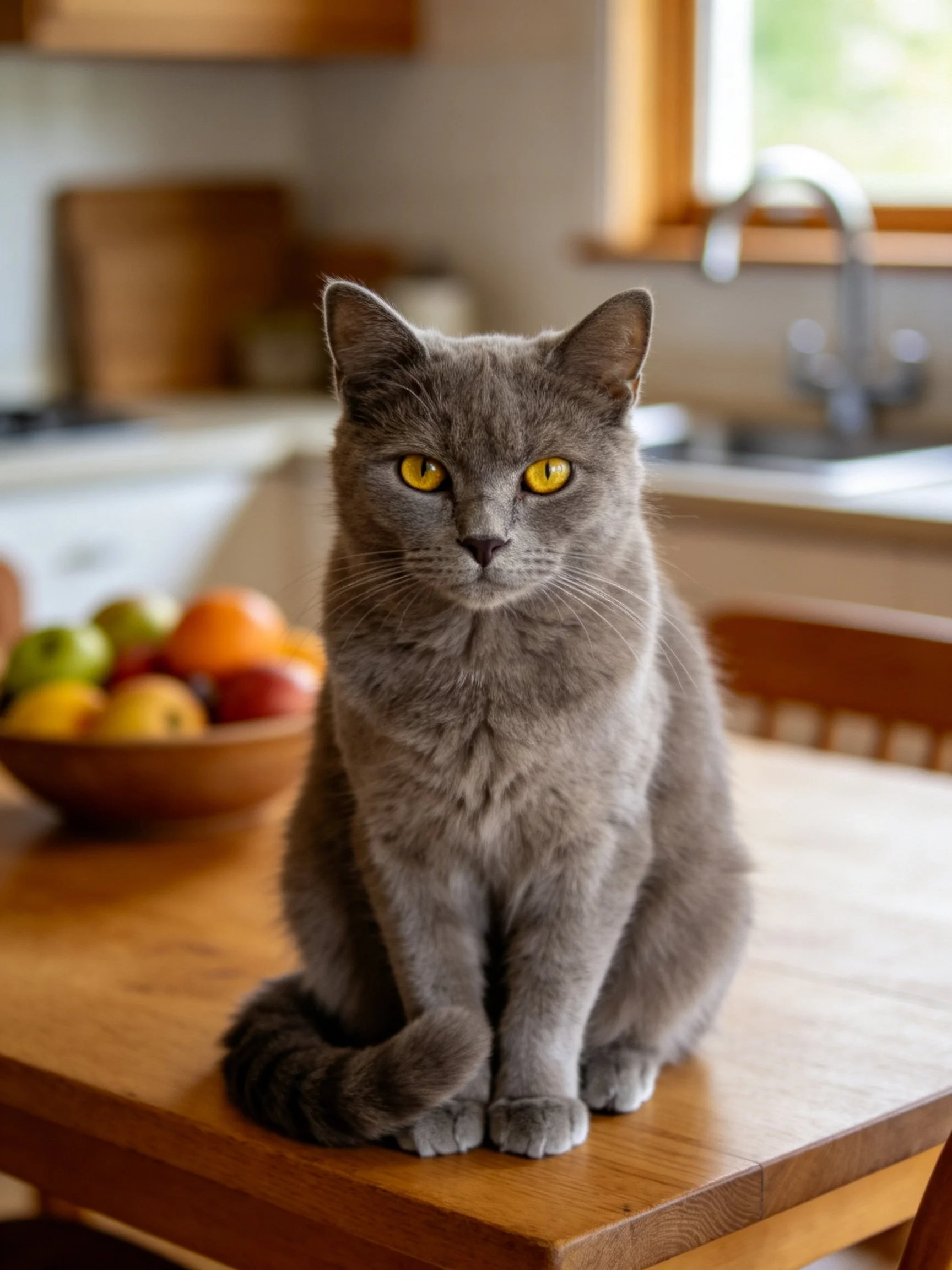 Gray cat sits on wooden table near fruit bowl