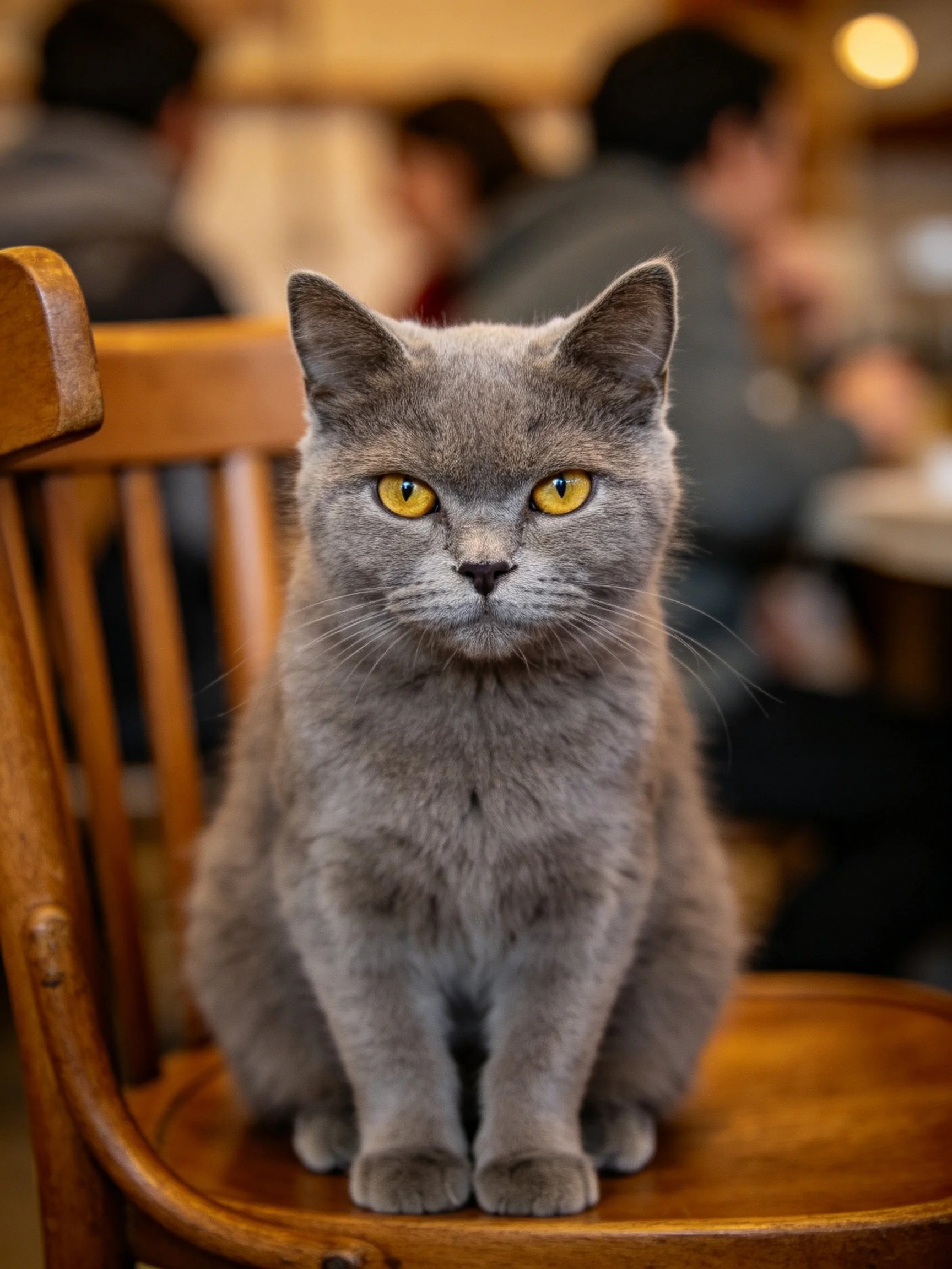 Gray cat sitting on wooden chair in cozy indoor setting