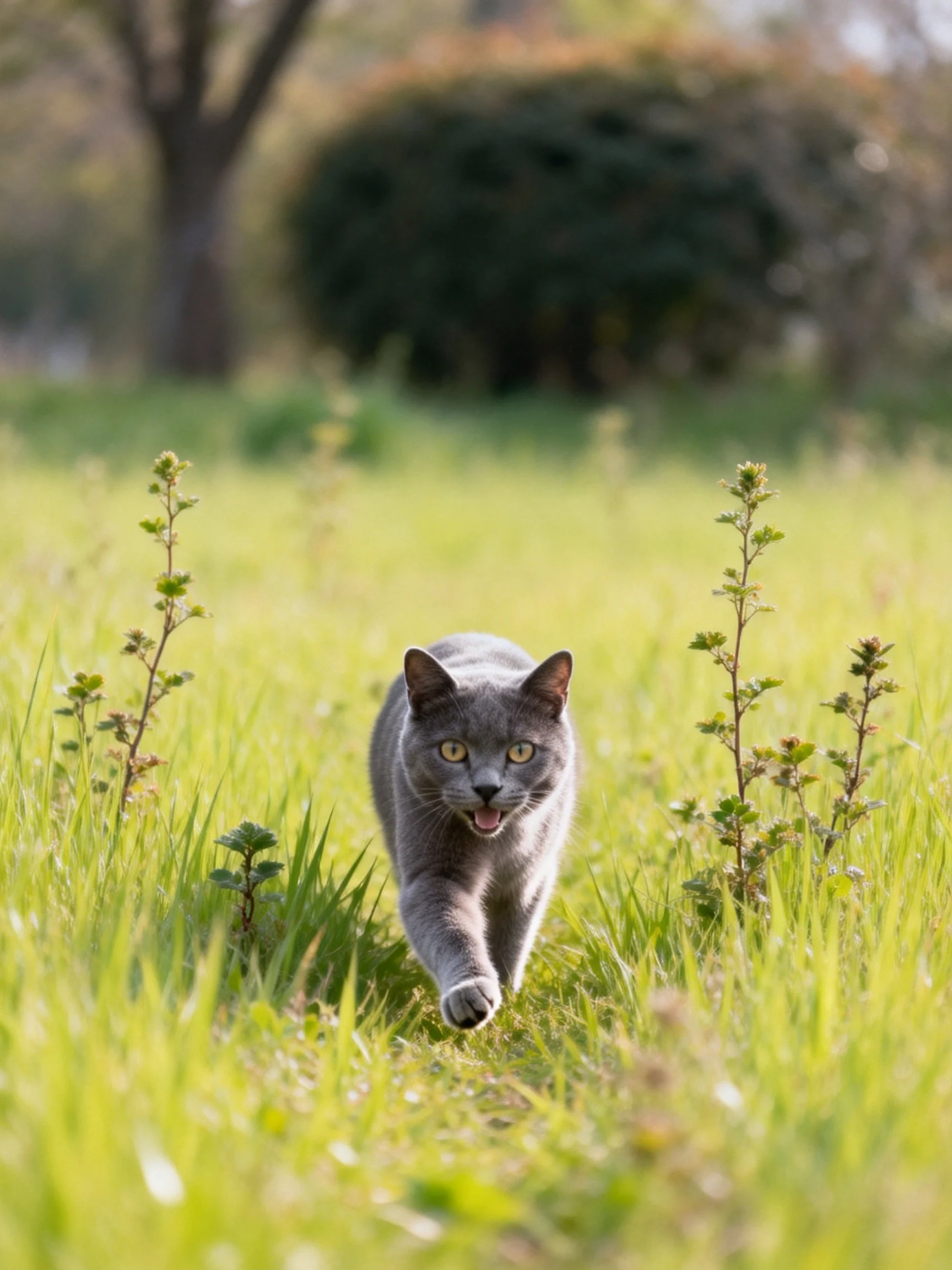 Gray cat strides through tall green grass amid small plants