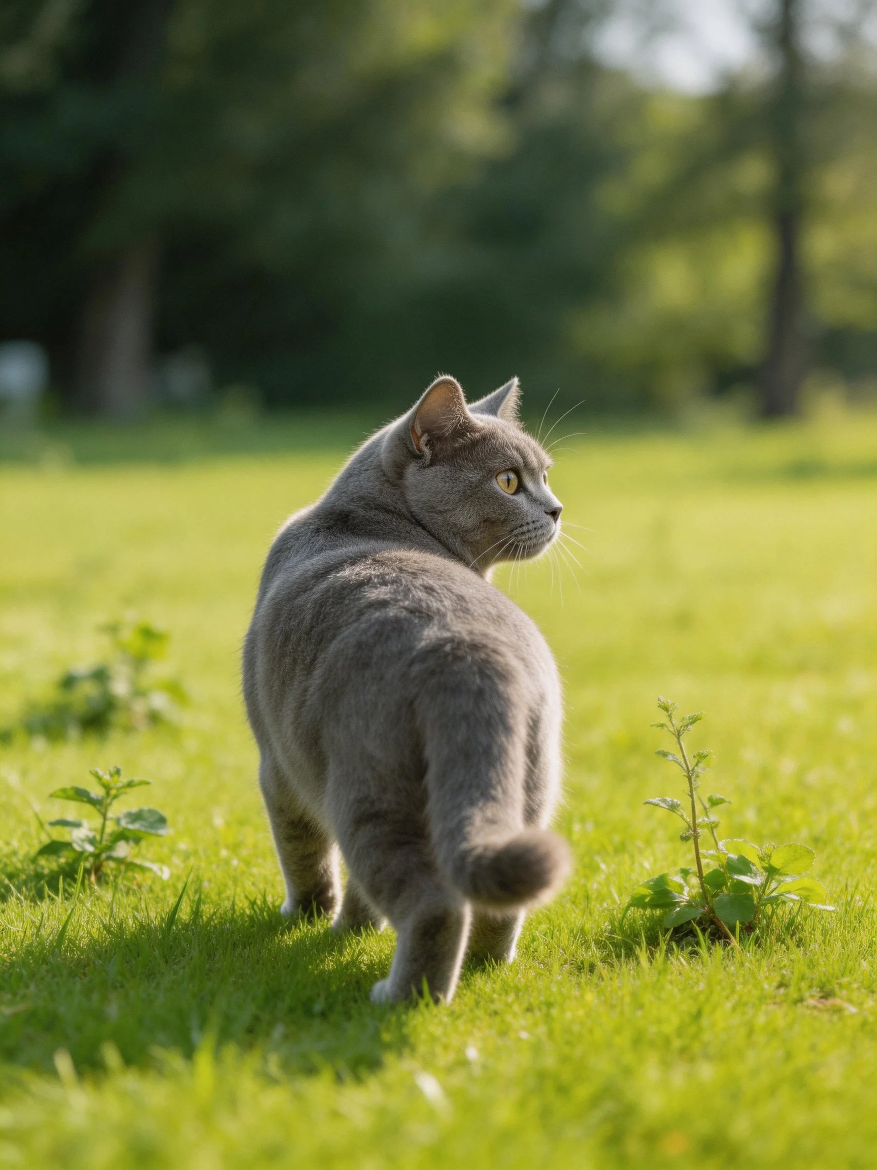 A gray cat explores a sunlit grassy area with small plants nearby.