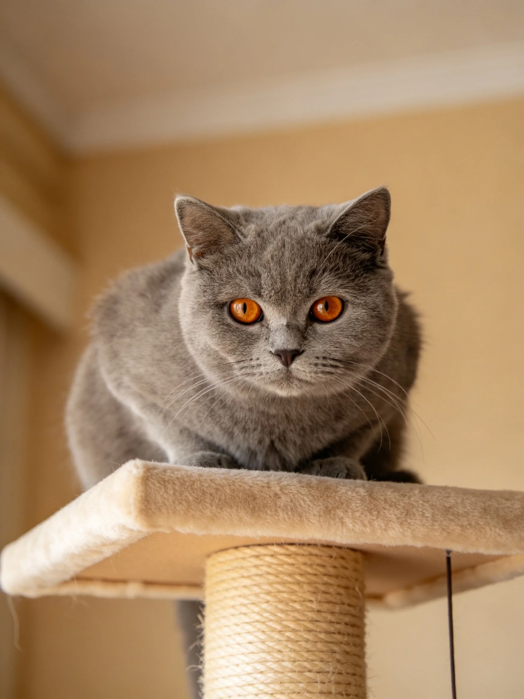 Gray cat with amber eyes perched on a beige cat tree