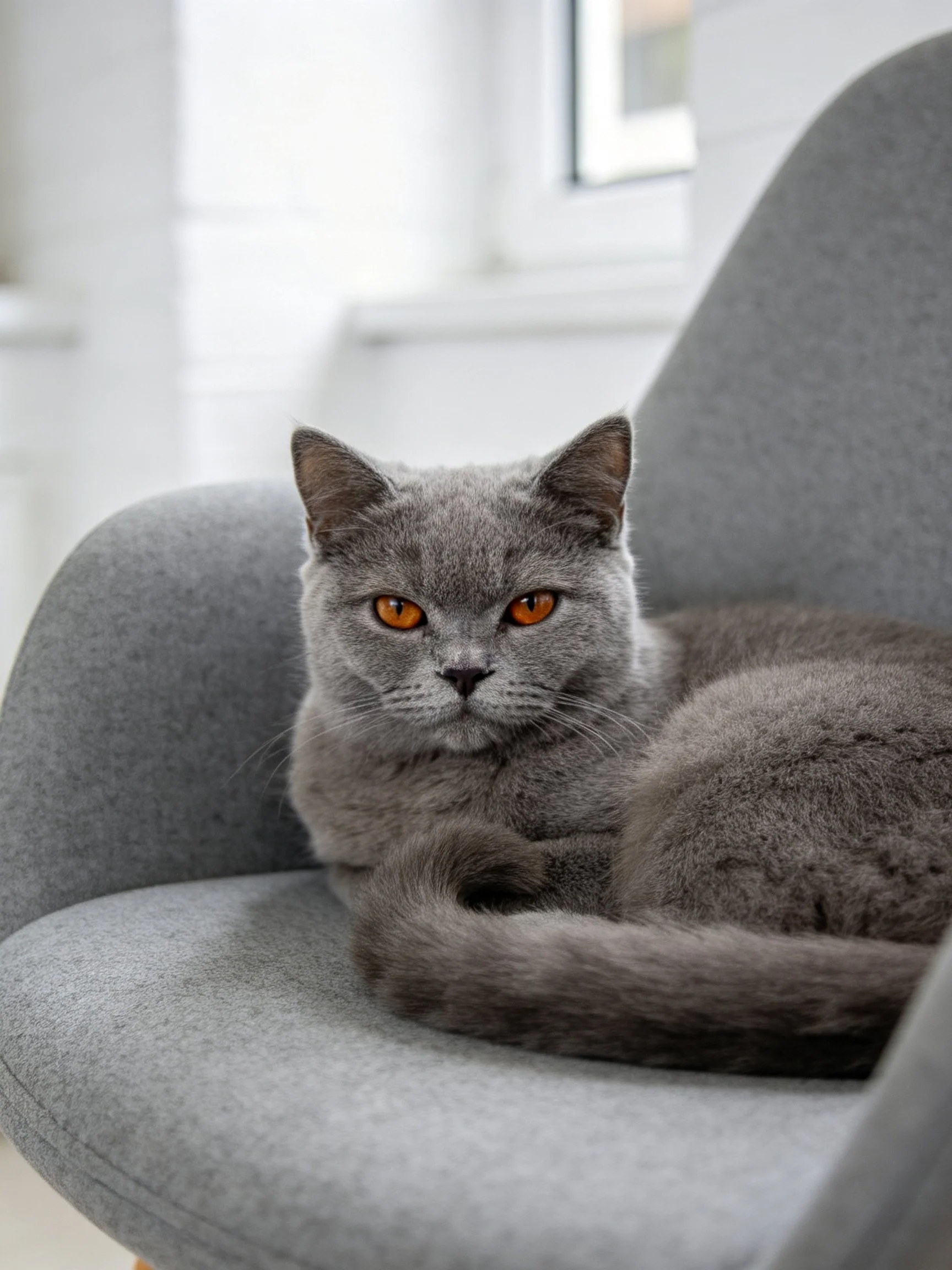 Gray cat with amber eyes resting on gray chair