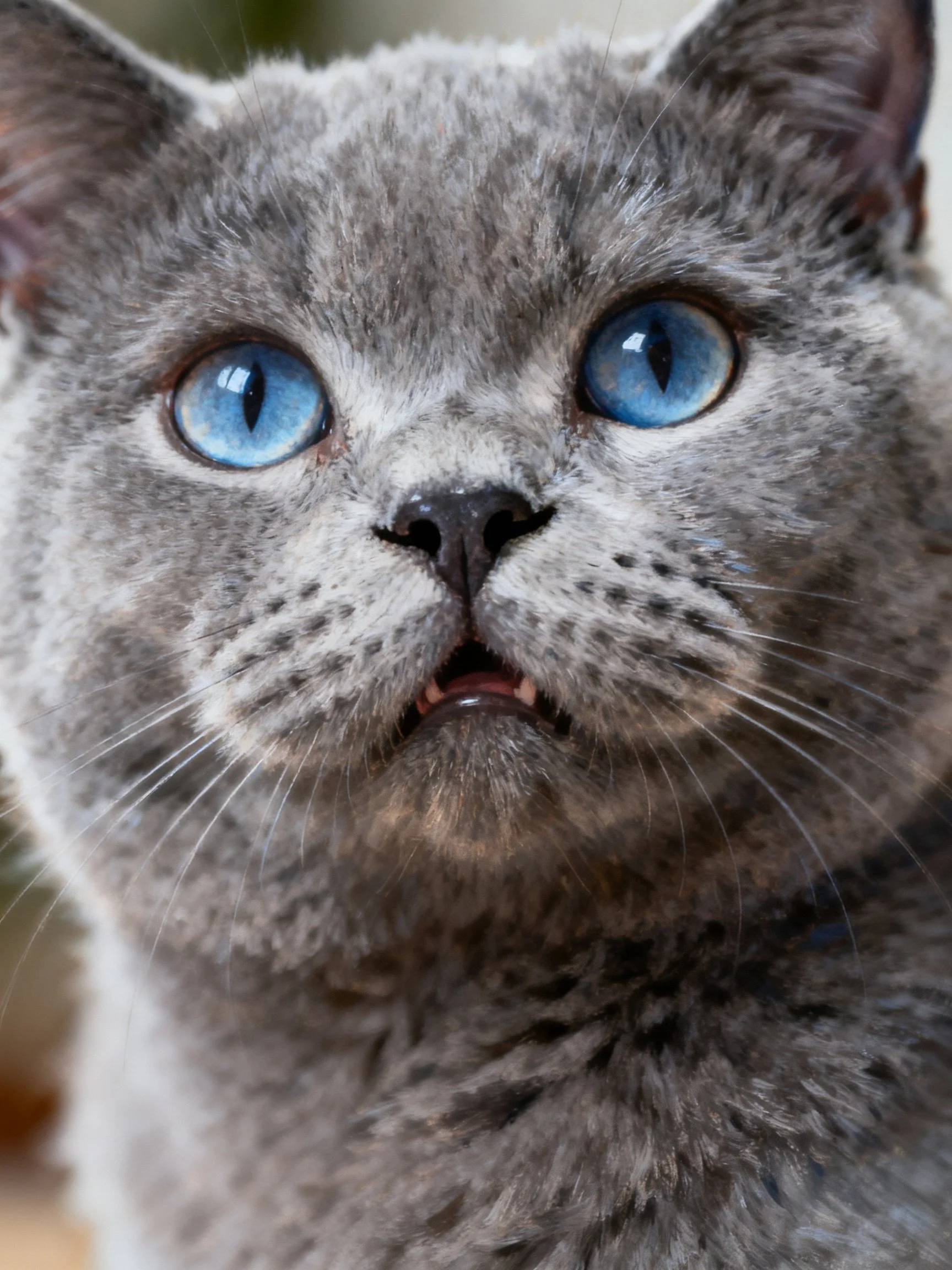 A gray cat with bright blue eyes is depicted in a close-up photograph.