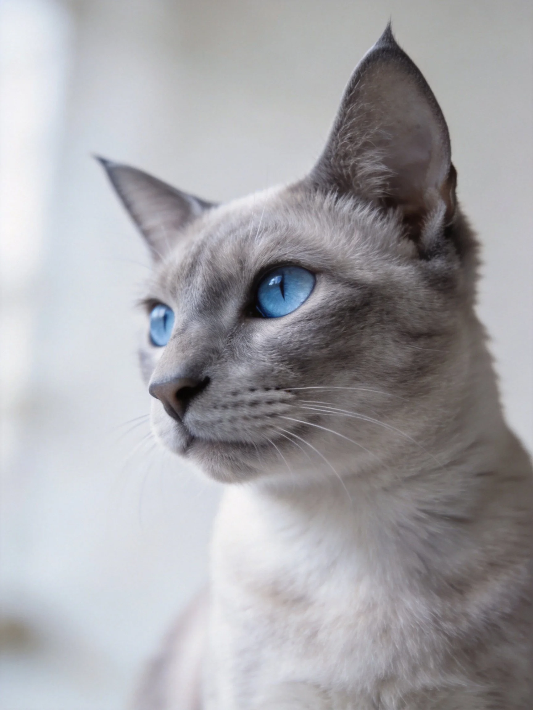 A gray cat with bright blue eyes is shown in profile.