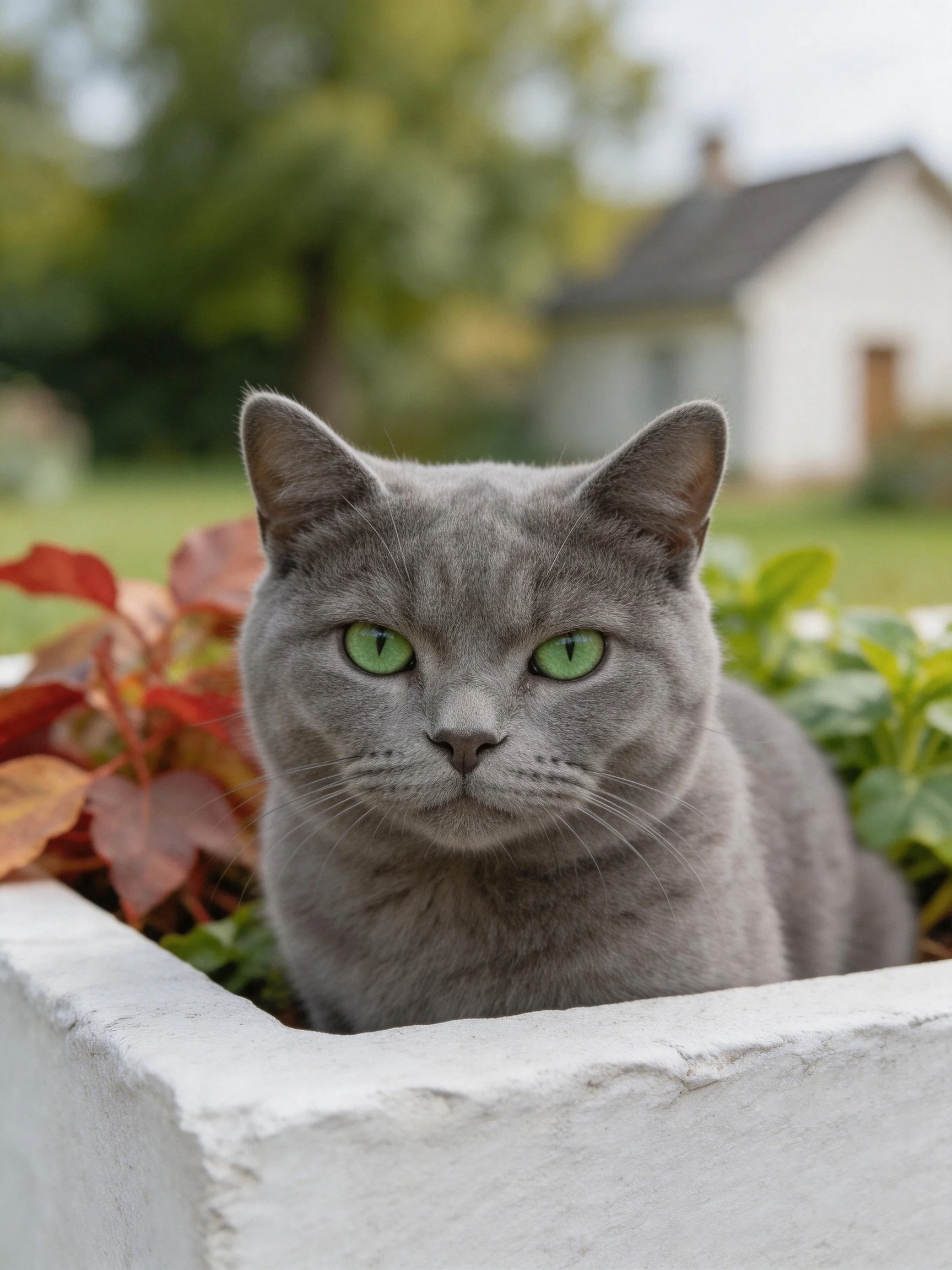 A gray cat with green eyes sits in a white planter among plants, with a house and trees in the background.