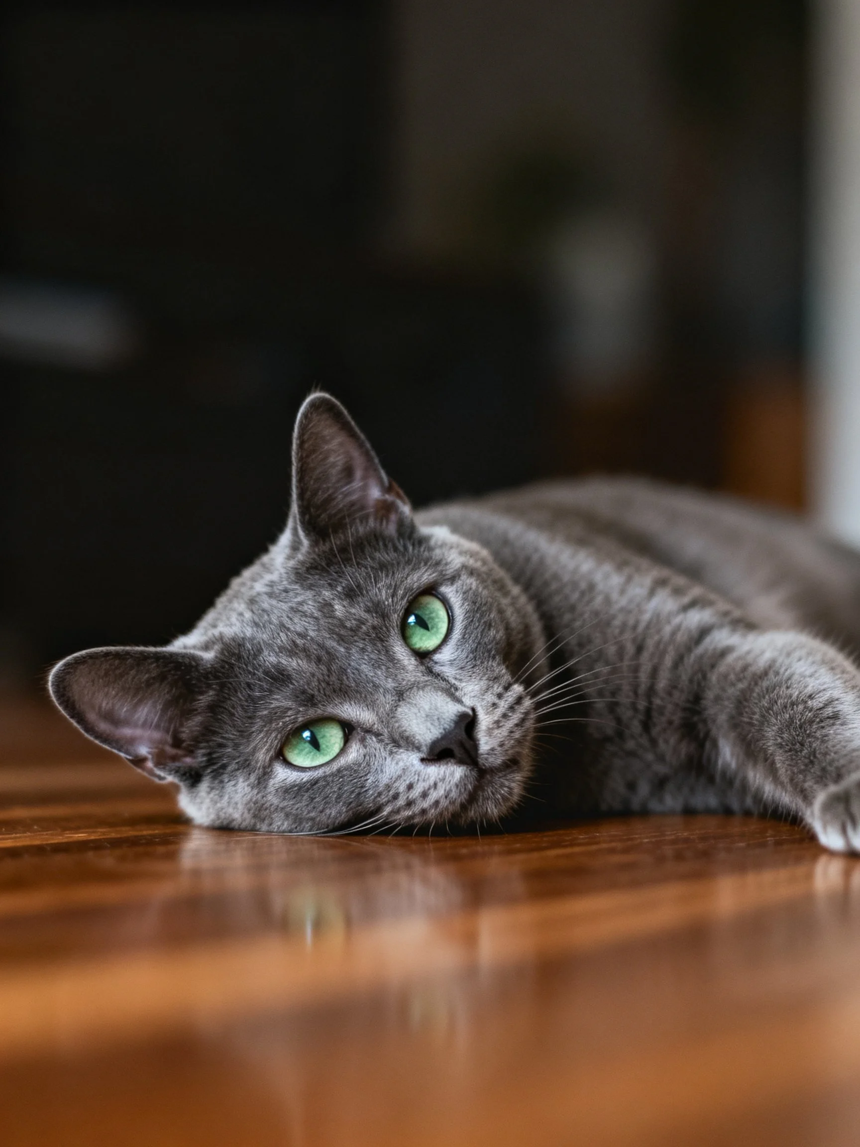 A gray cat with bright green eyes relaxes on a polished wooden surface.