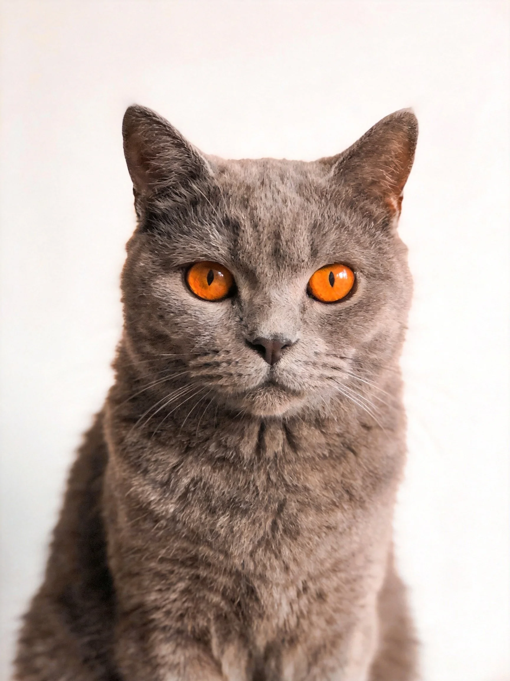 A gray cat with bright orange eyes is photographed up close against a plain white background.