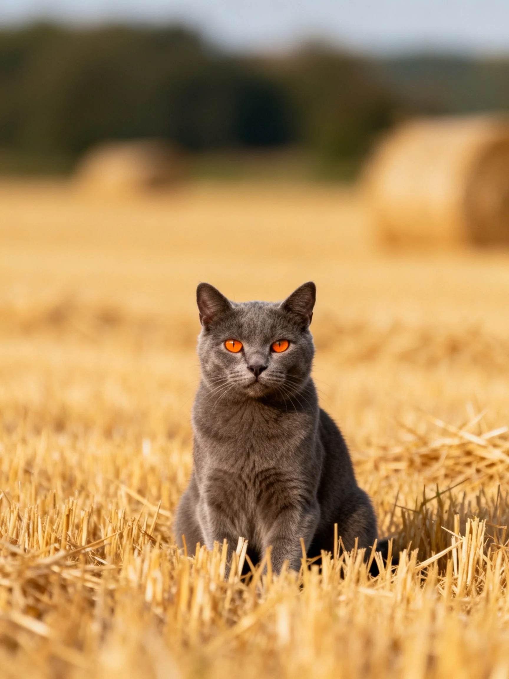 Gray cat with vivid orange eyes rests in sunlit golden hayfield.
