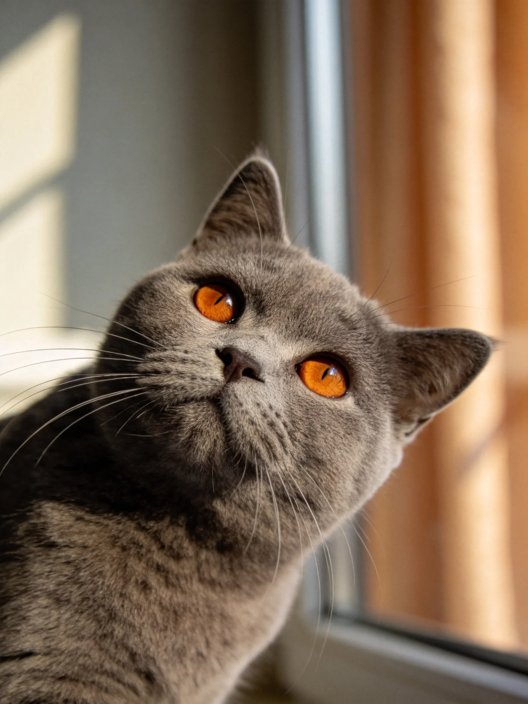 A gray cat with bright orange eyes sits by a sunlit window.