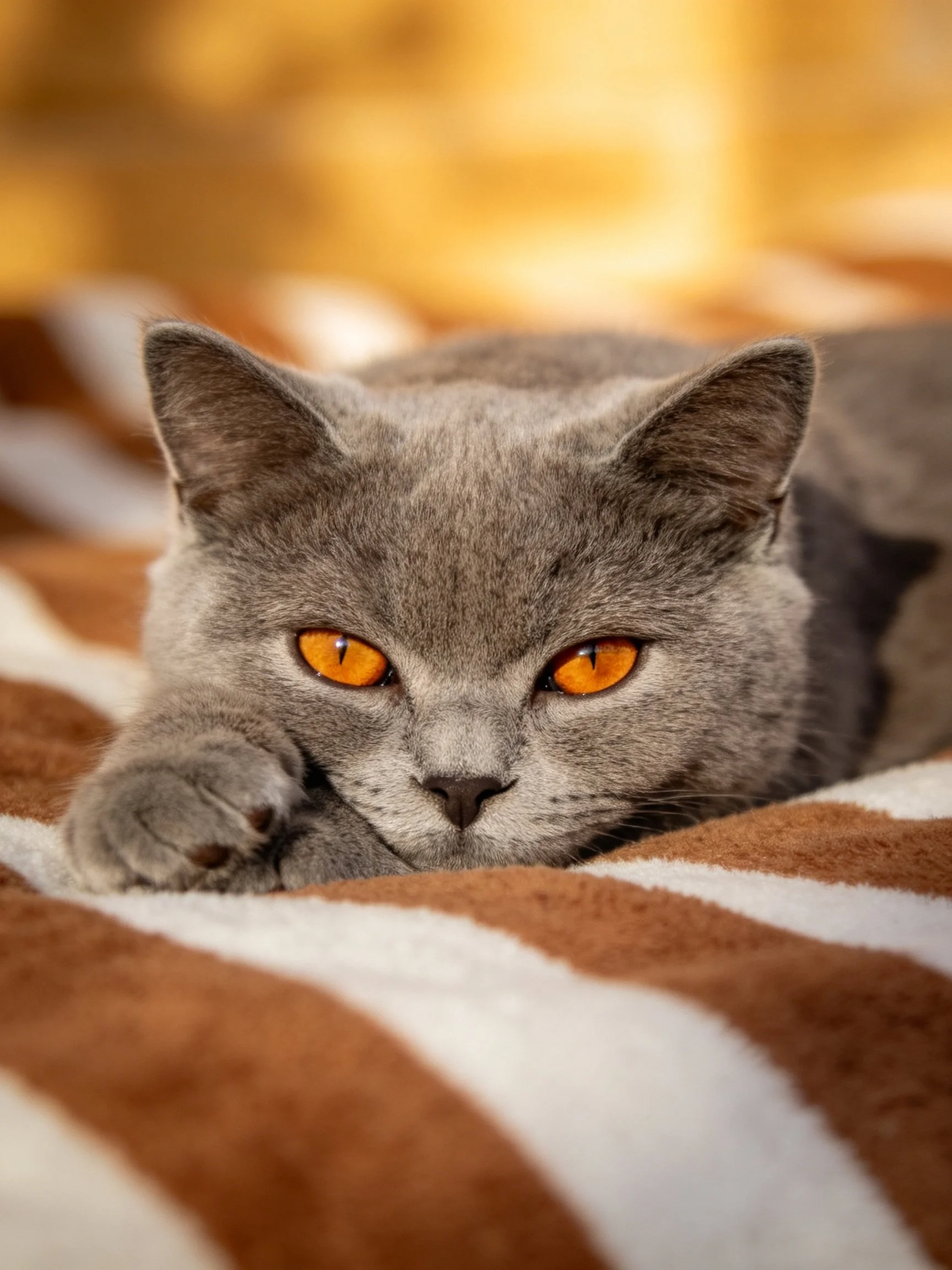 A gray cat with orange eyes lies on a brown and white striped blanket.
