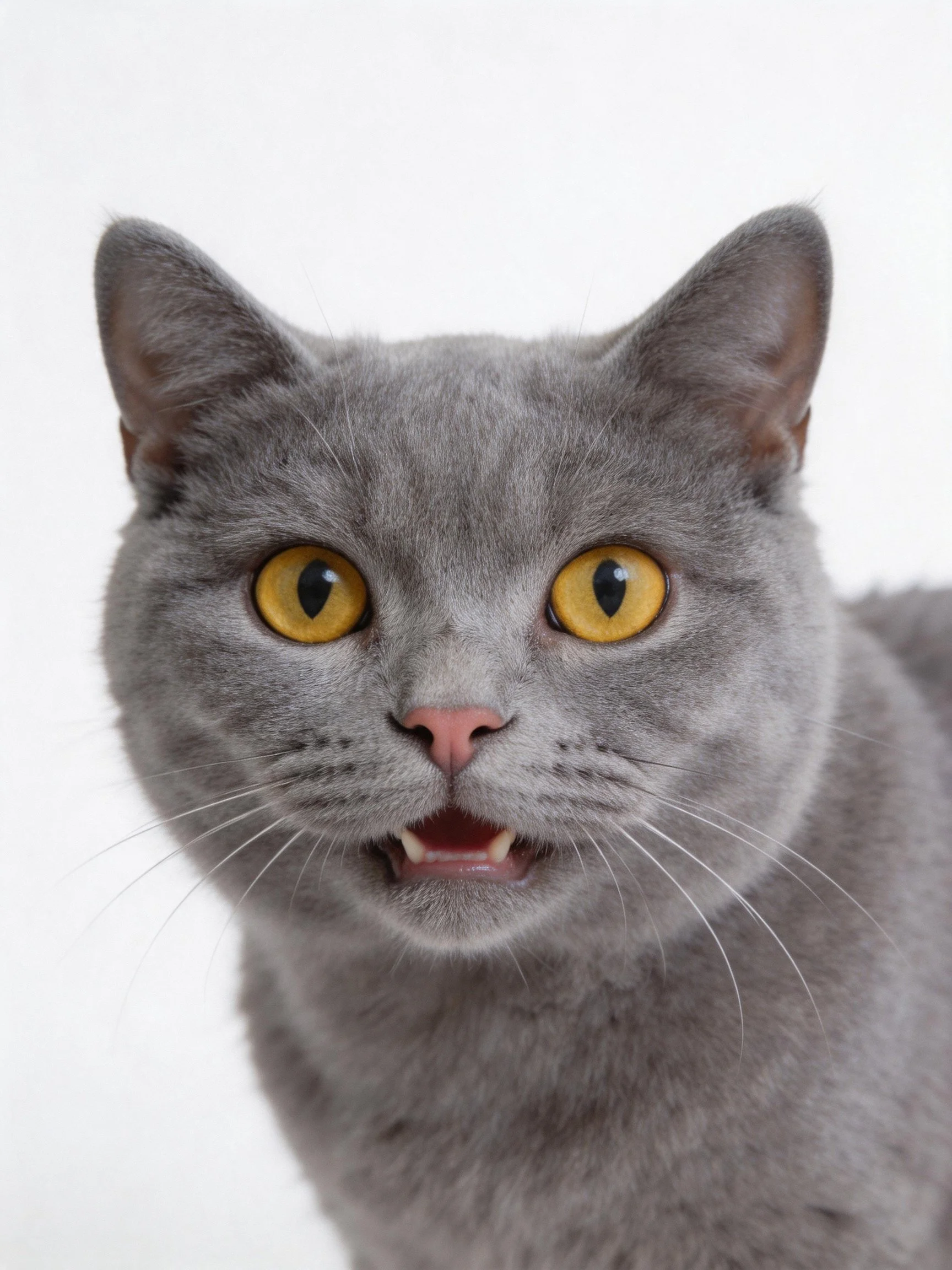 A gray cat with vivid yellow eyes appears alert against a plain white backdrop.
