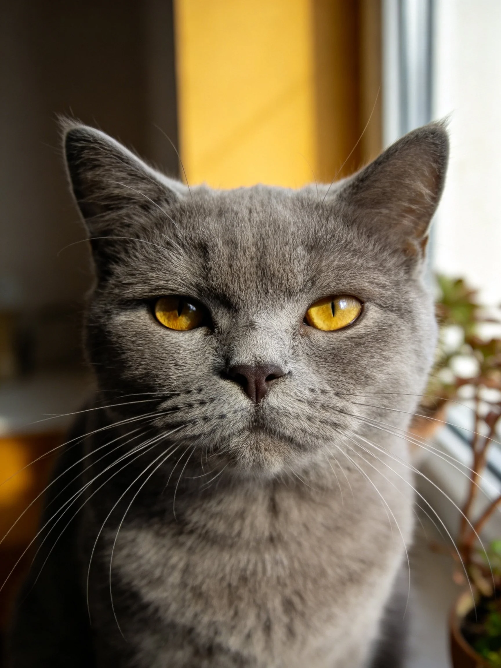 A gray cat with yellow eyes is photographed near a window.