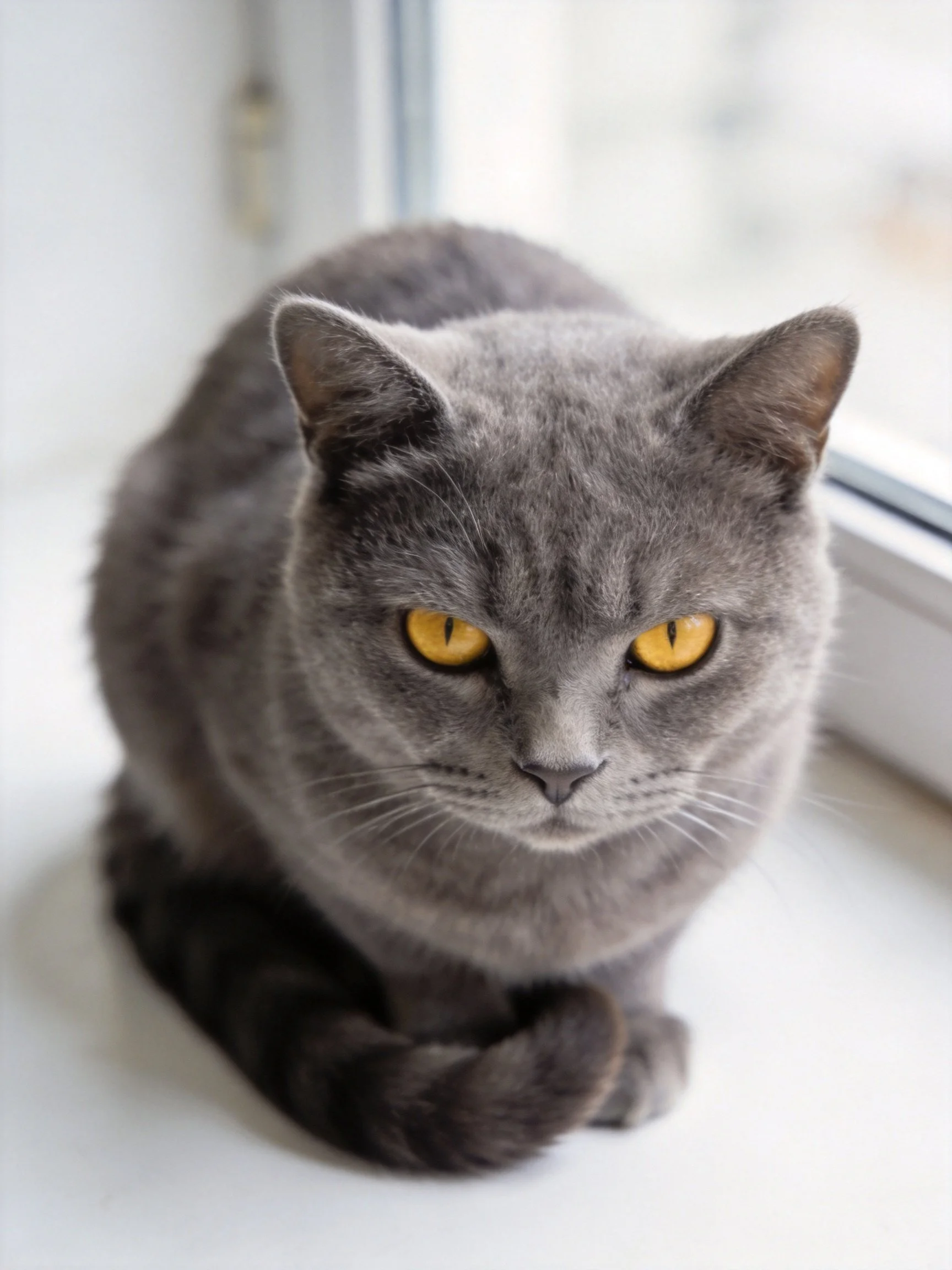 A gray cat with bright yellow eyes rests near a window.