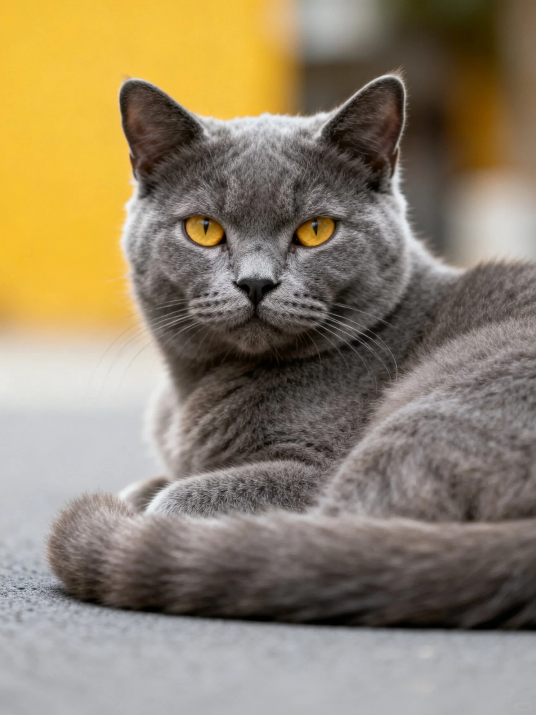 A gray cat with vivid yellow eyes lies calmly on pavement.