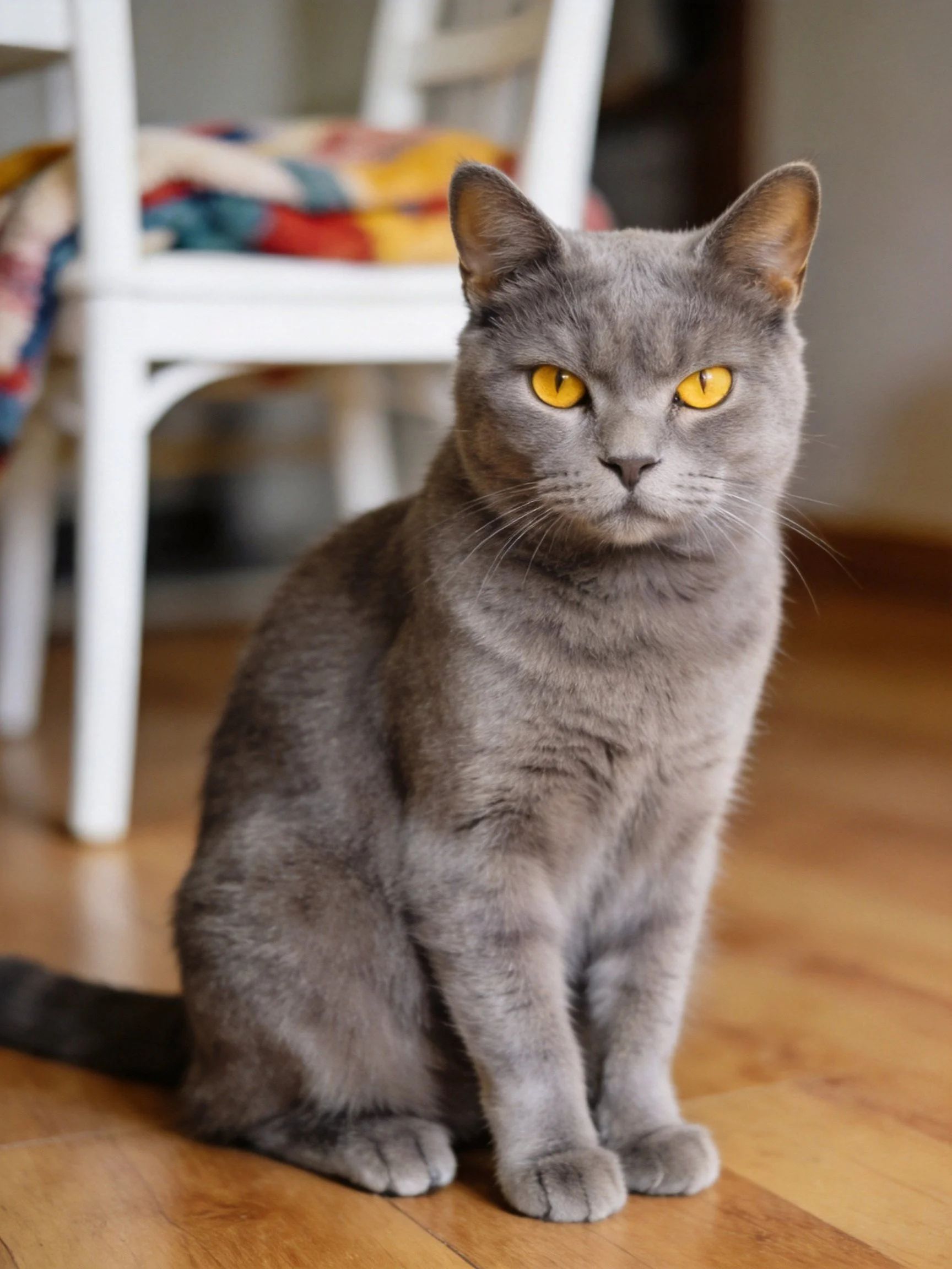 A gray cat with yellow eyes sits on a wooden floor beside a white chair.