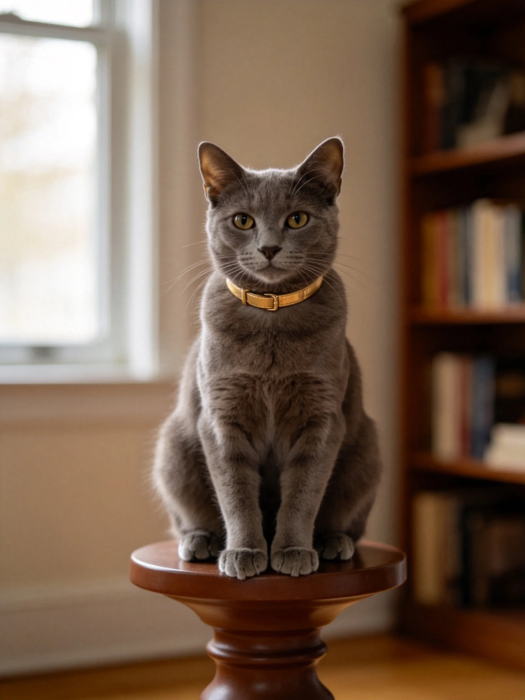 A gray cat with a gold collar sits calmly on a wooden pedestal indoors.