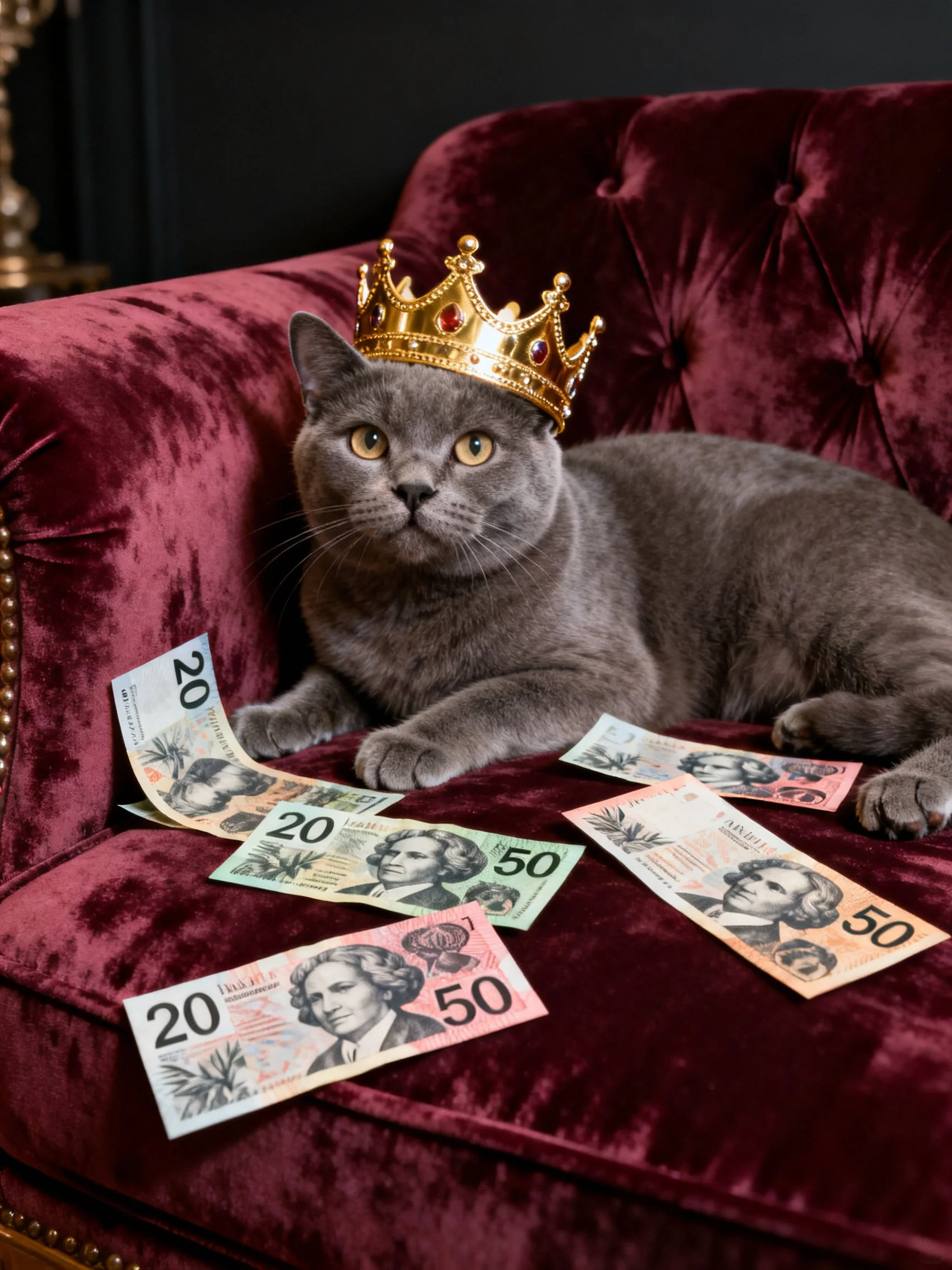 Gray cat with golden crown on maroon velvet chair surrounded byAustralian money
