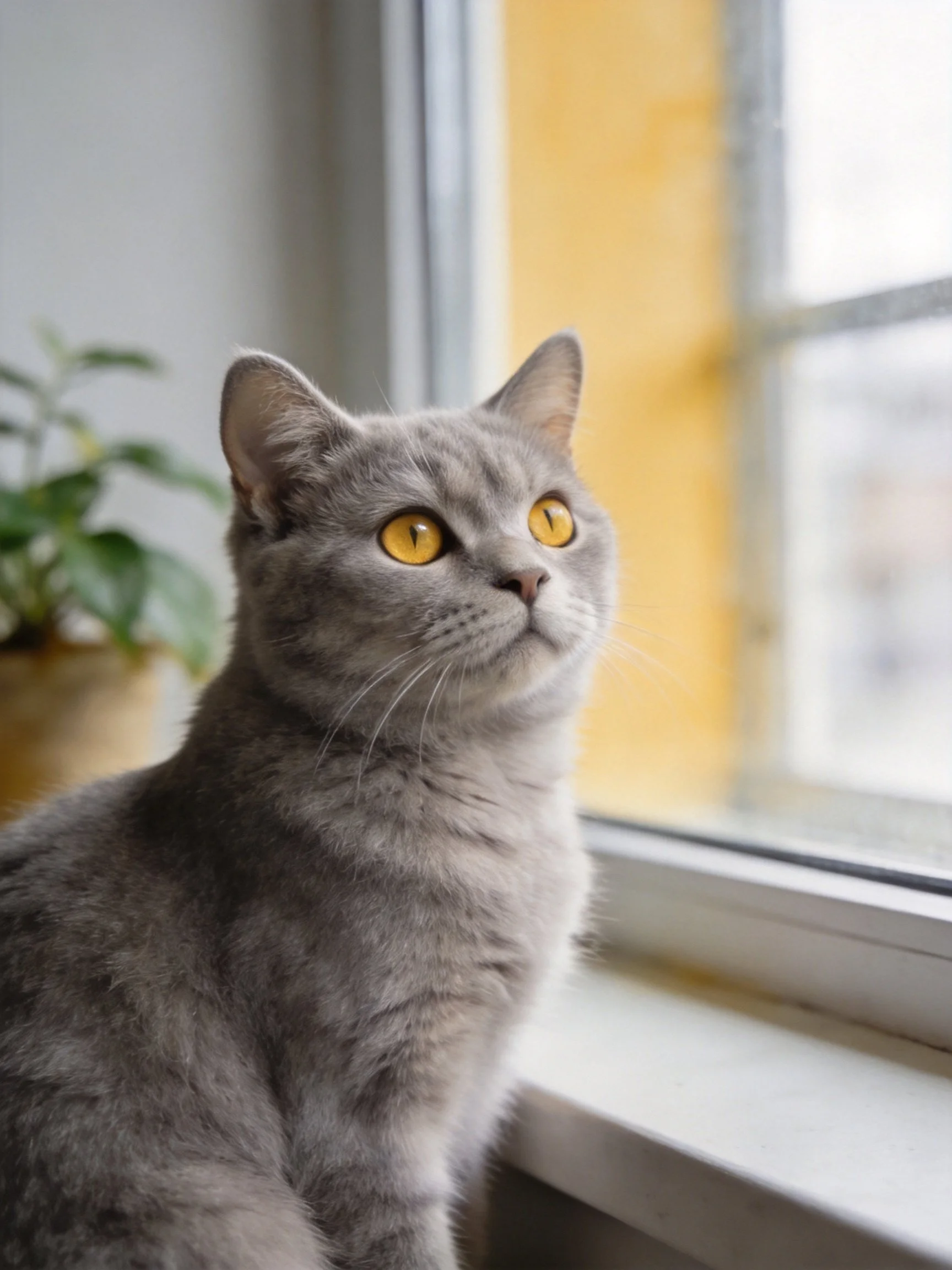A gray cat with golden eyes relaxes near a sunlit window.