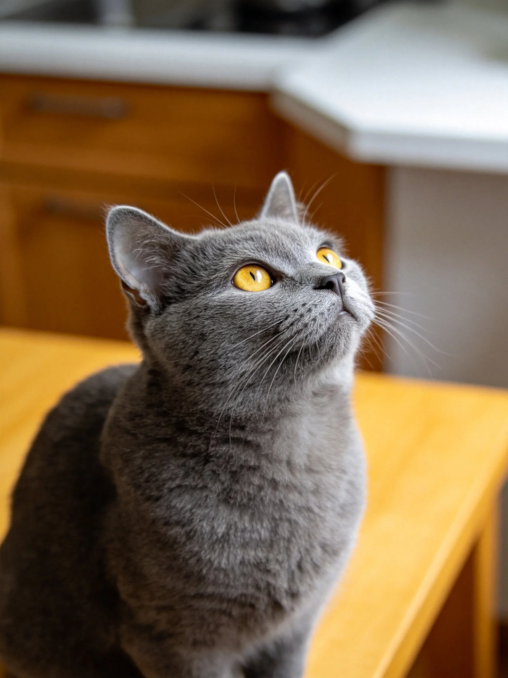 Gray cat with golden eyes perched on wooden furniture